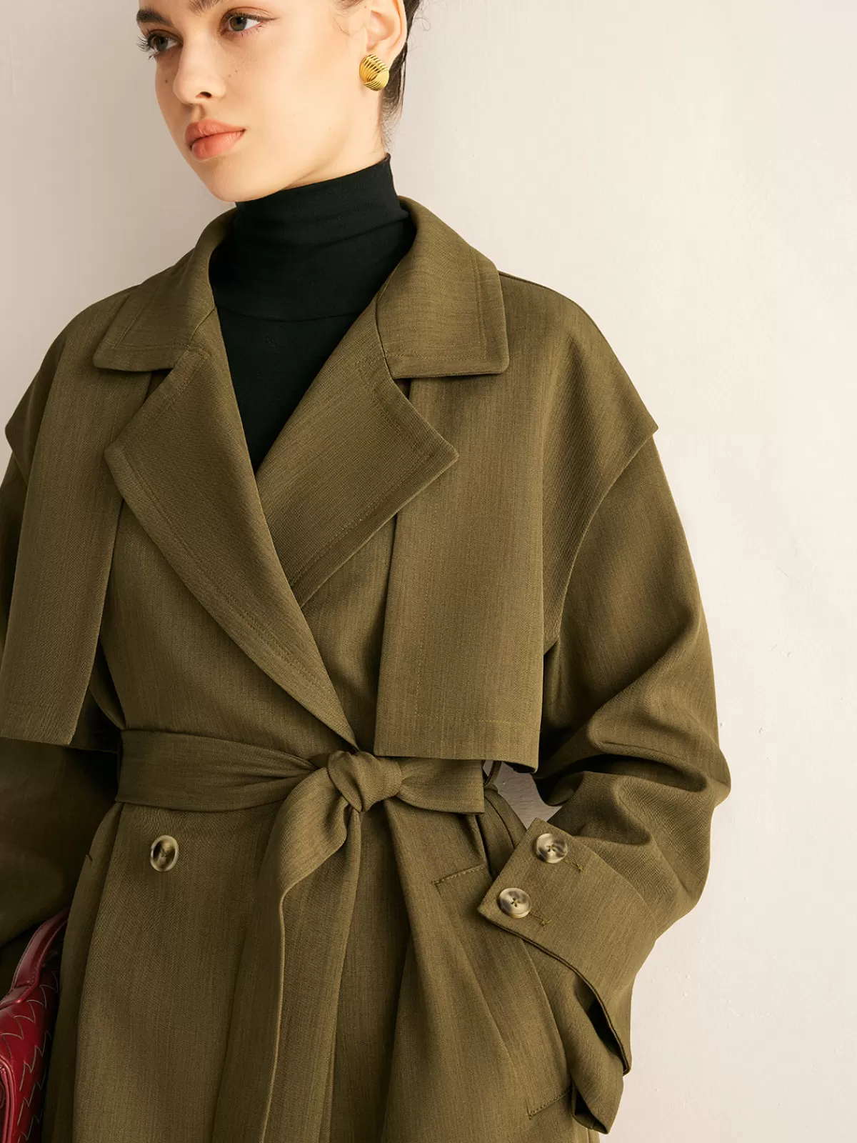 COMMENSE Retro Belted Long Trench Coat Green Best Sale