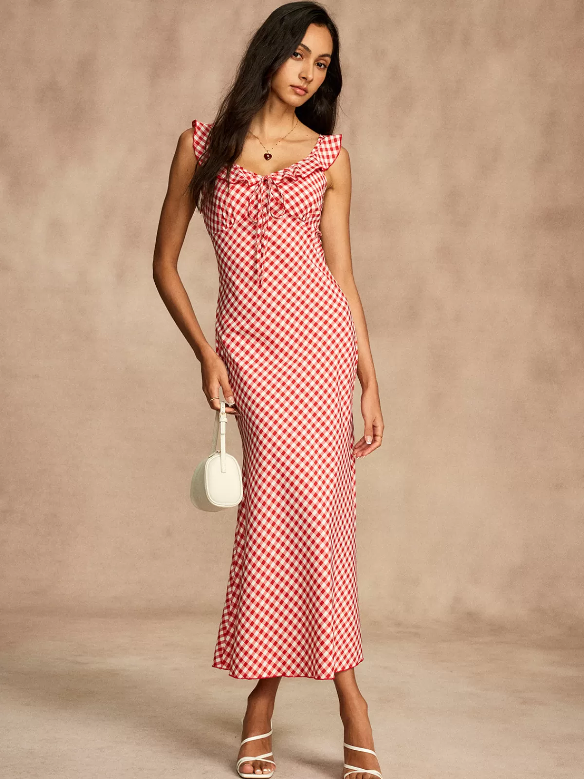 COMMENSE Retro Gingham V-Neck Fishtail Dress Red Hot