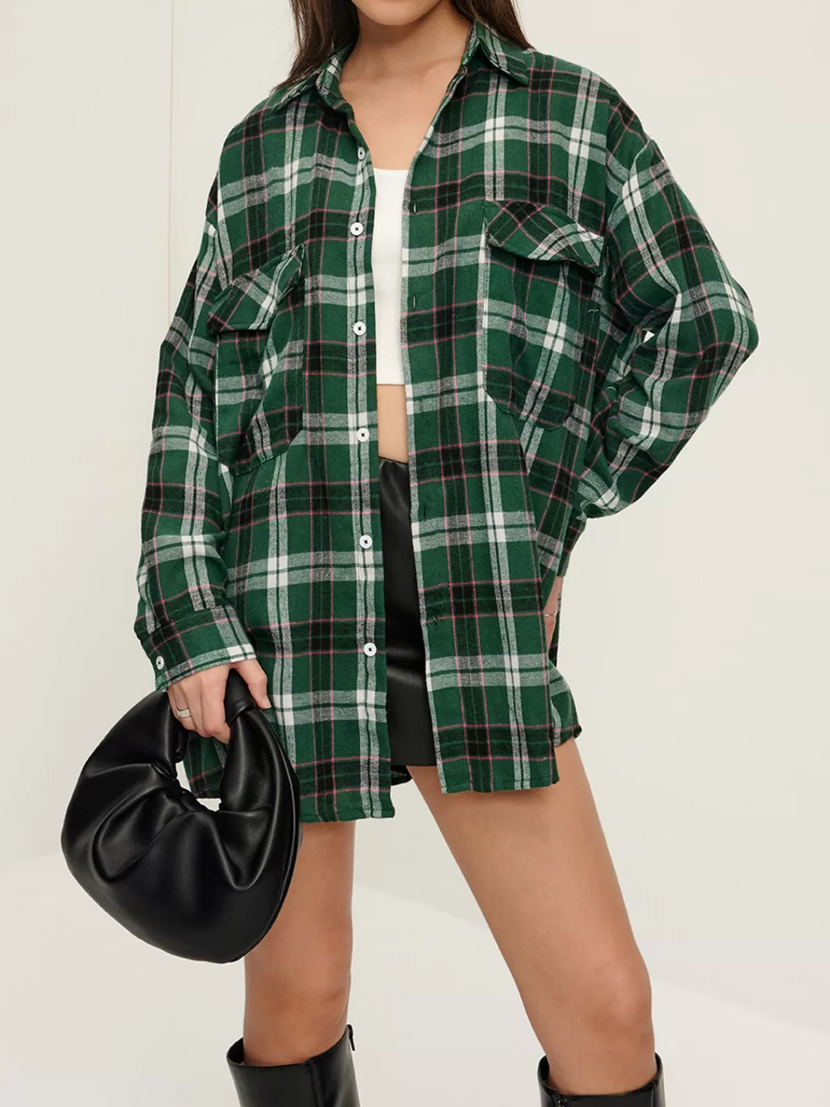 COMMENSE Retro Plaid Lapel Pockets Shirt Green Online