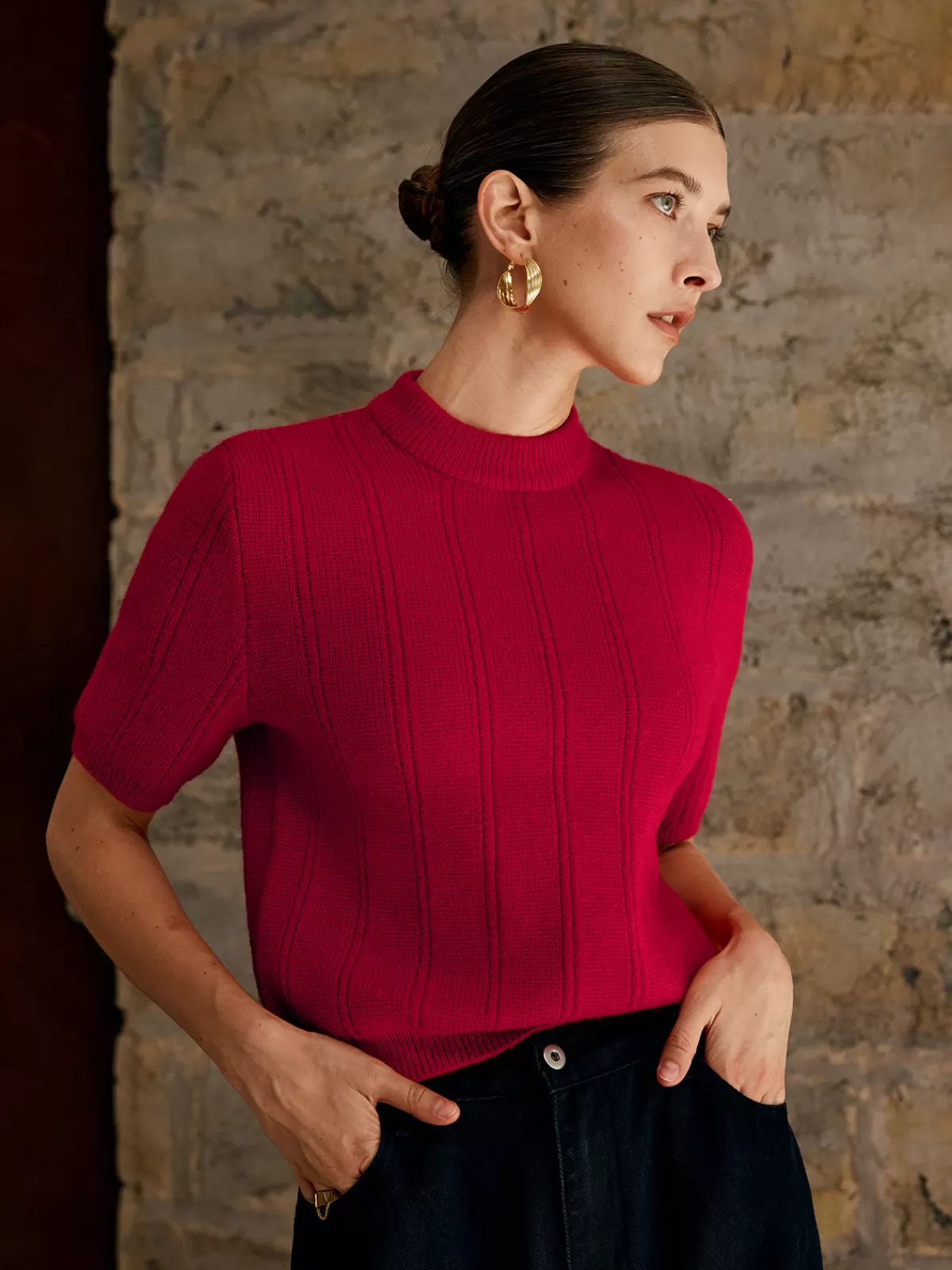 COMMENSE Retro Plain Ribbed Knit Top Red Discount