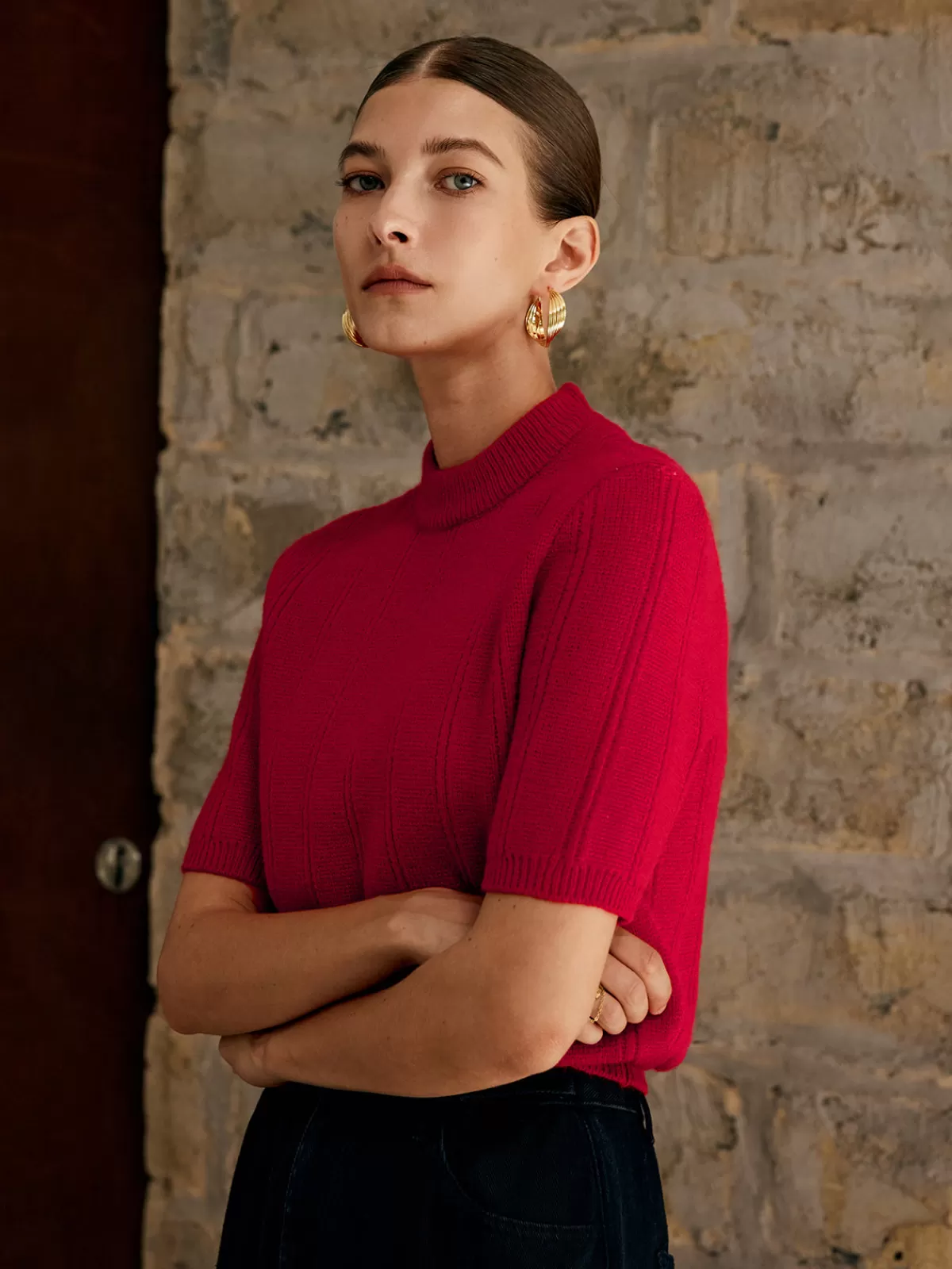 COMMENSE Retro Plain Ribbed Knit Top Red Discount