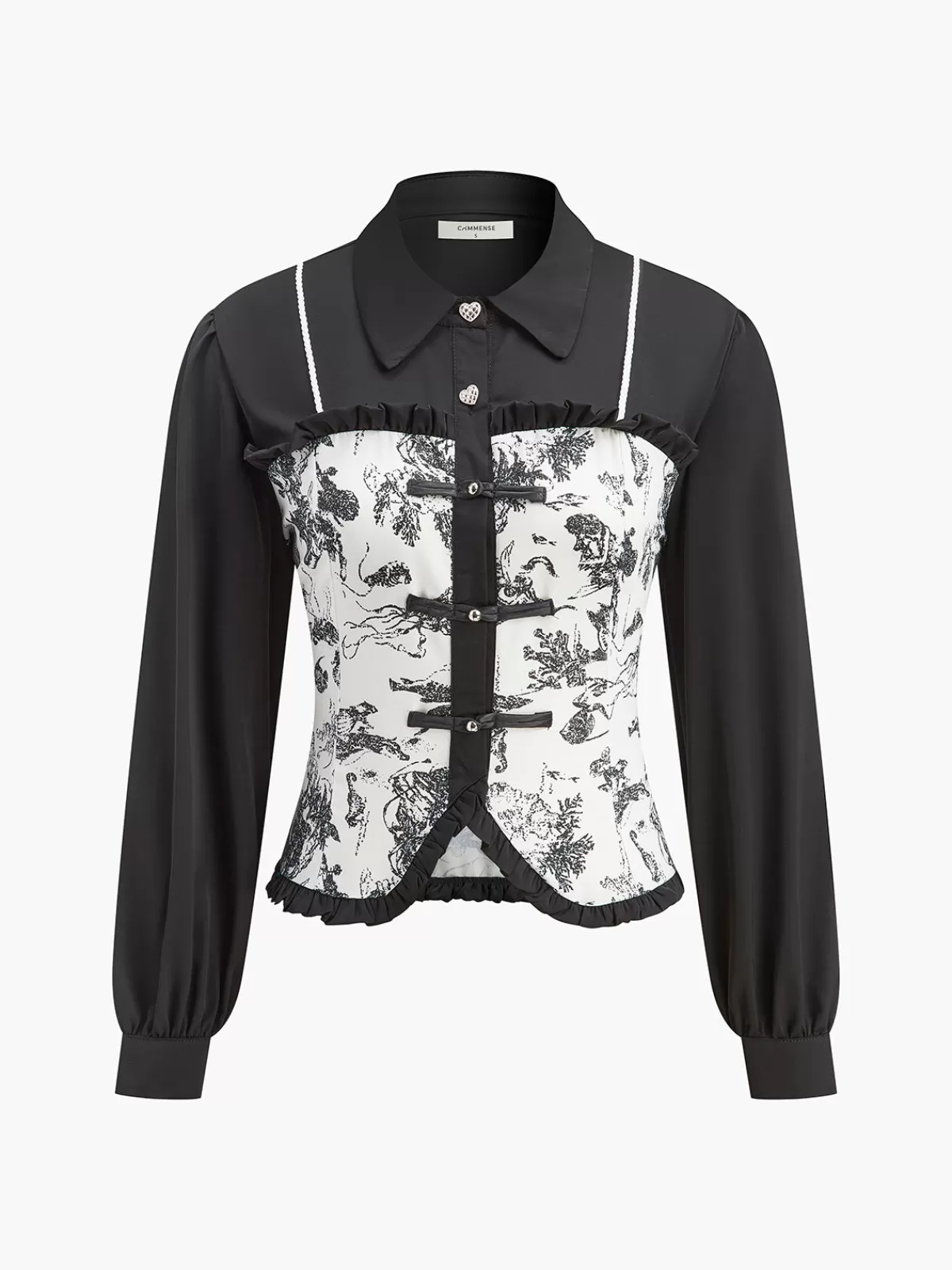 COMMENSE Retro Printed Slim Polo Blouse Black Online