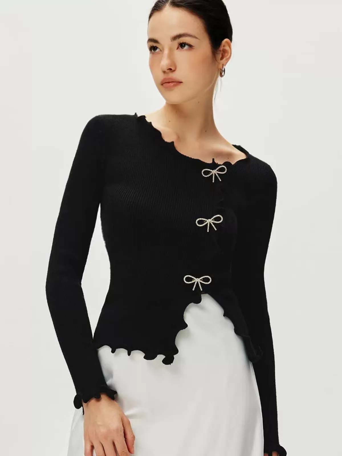 COMMENSE Rhinestone Bow Lettuce Trim Sweater Black Clearance