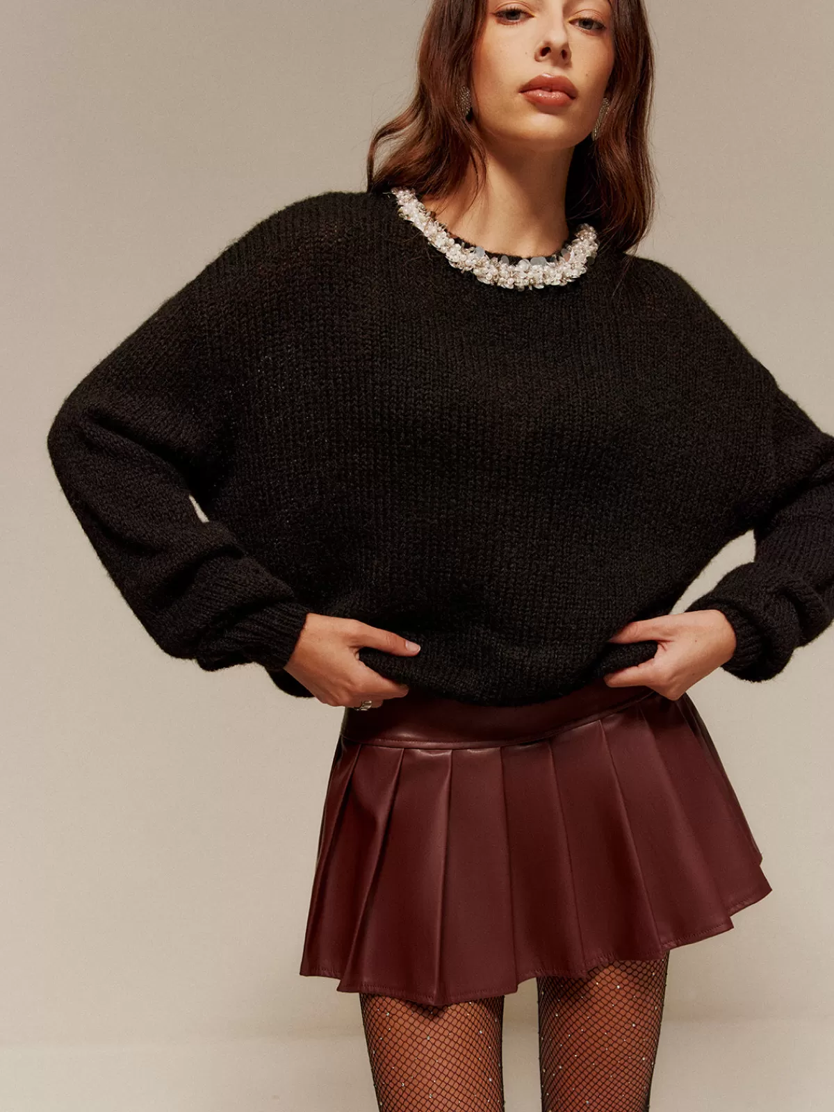 COMMENSE Rhinestone-Decor Cozy Sweater Black Shop