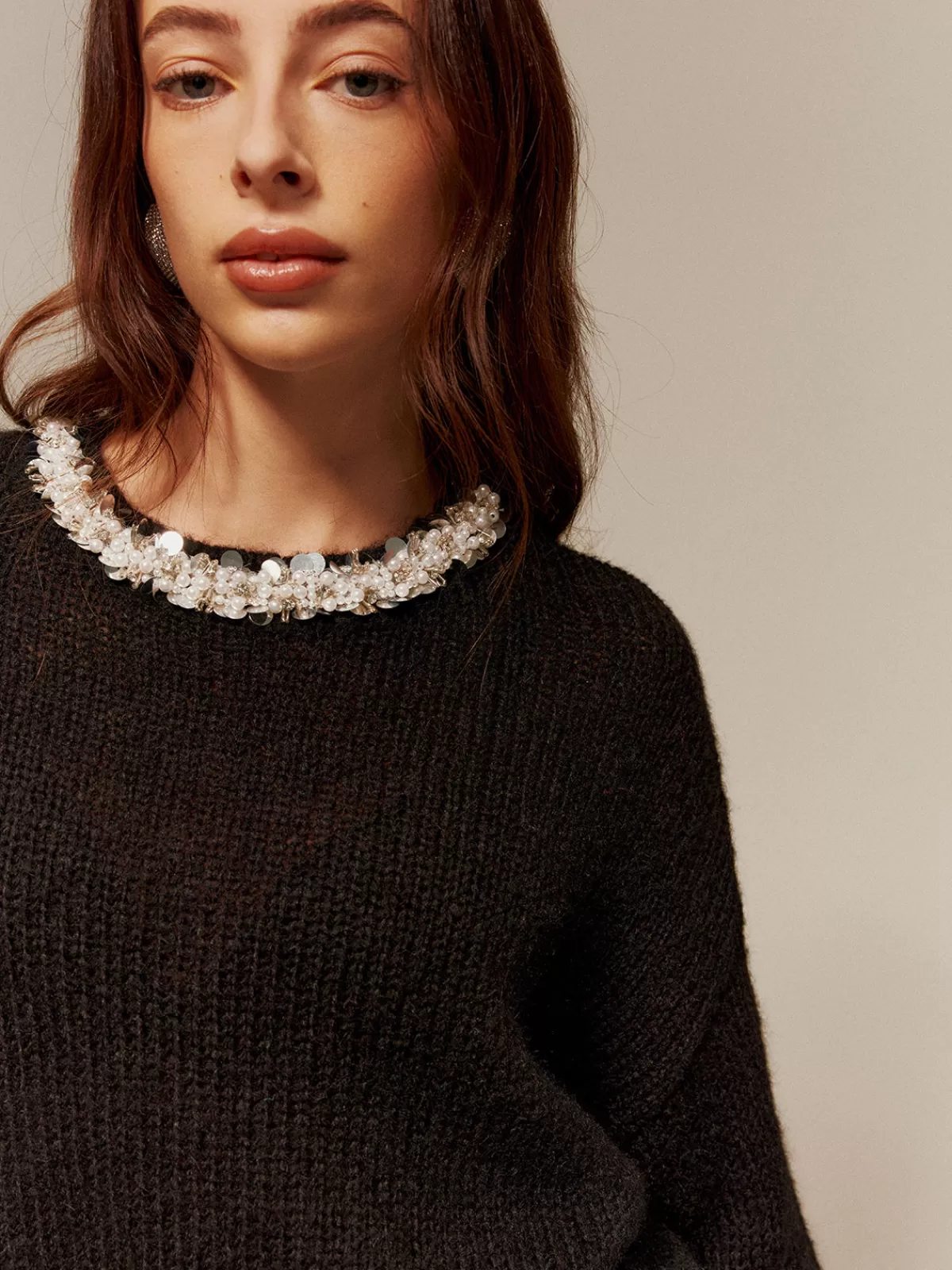 COMMENSE Rhinestone-Decor Cozy Sweater Black Shop
