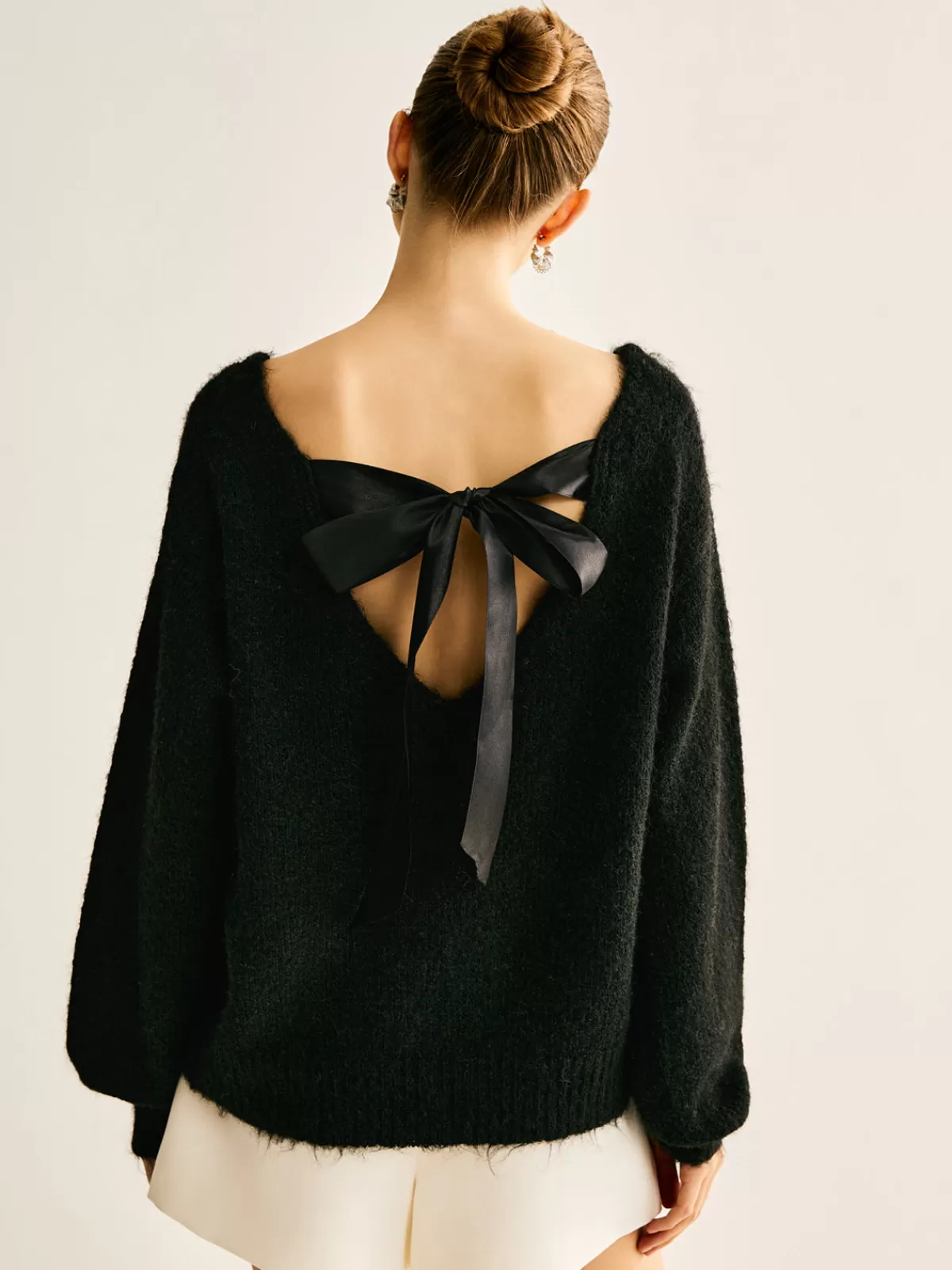 COMMENSE Ribbed Bow Loose Sweater Black Sale