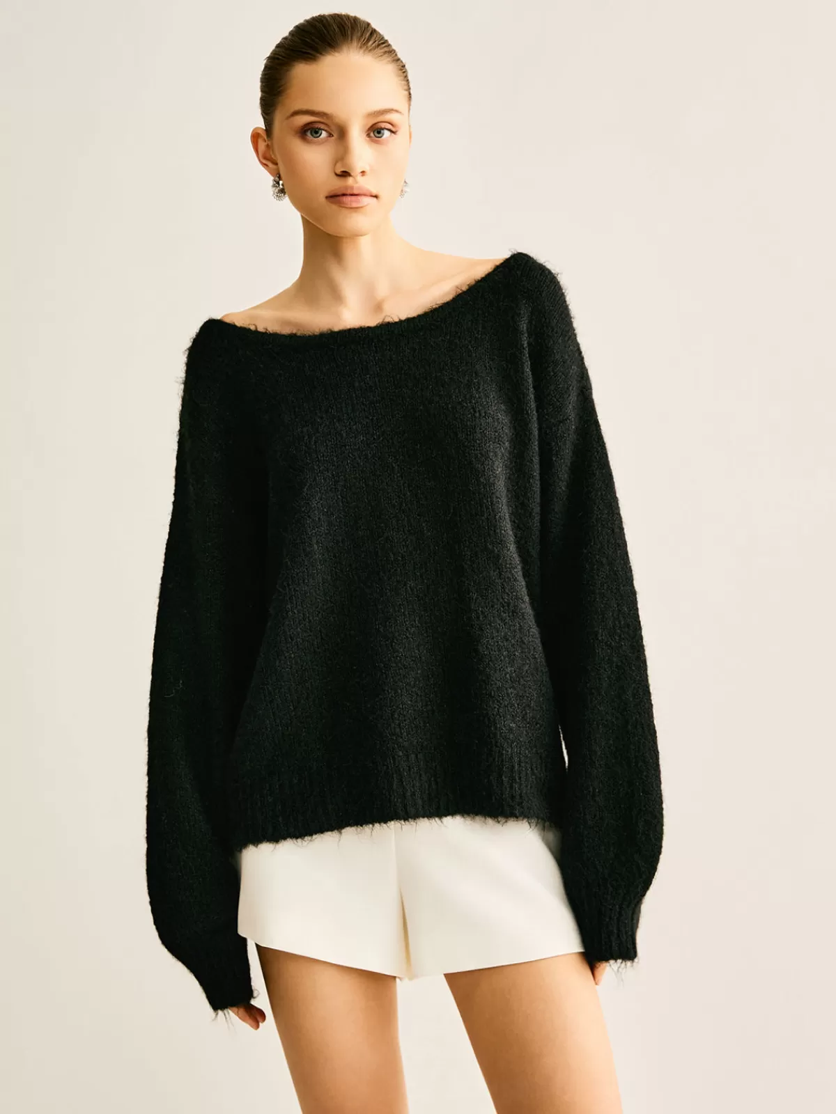 COMMENSE Ribbed Bow Loose Sweater Black Sale