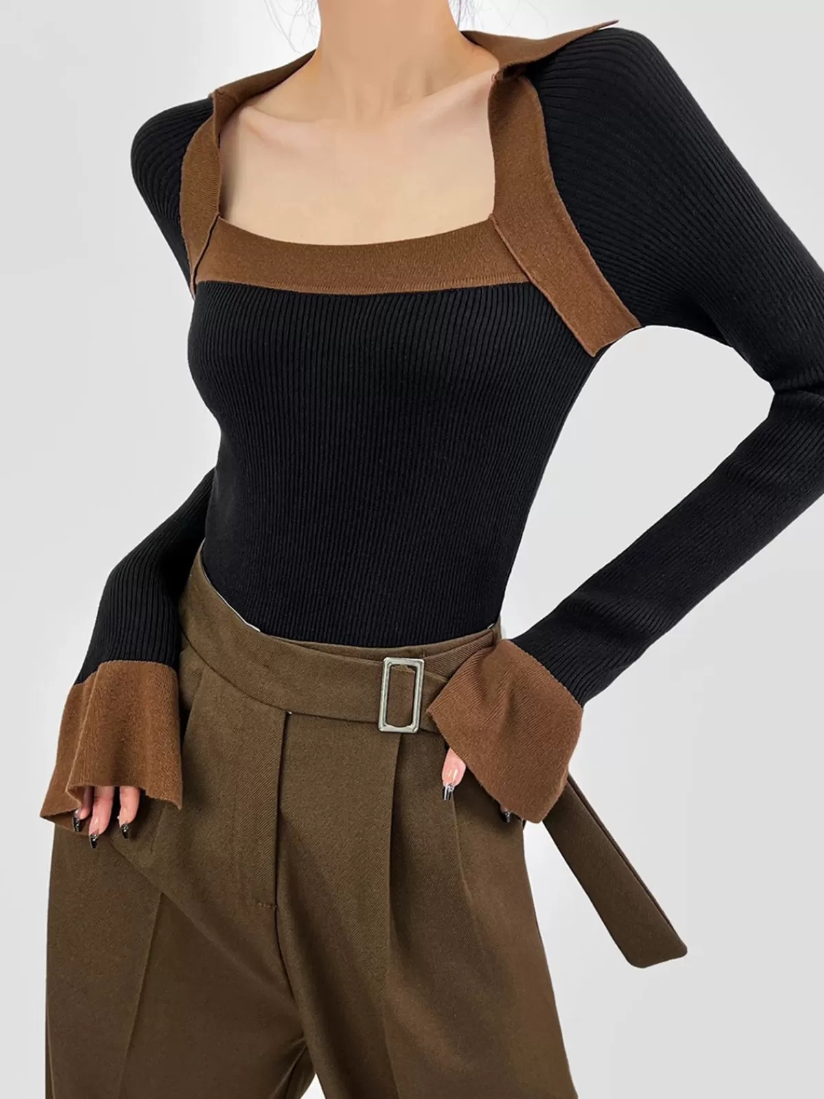 COMMENSE Ribbed Color Block Skinny Sweater Black Sale