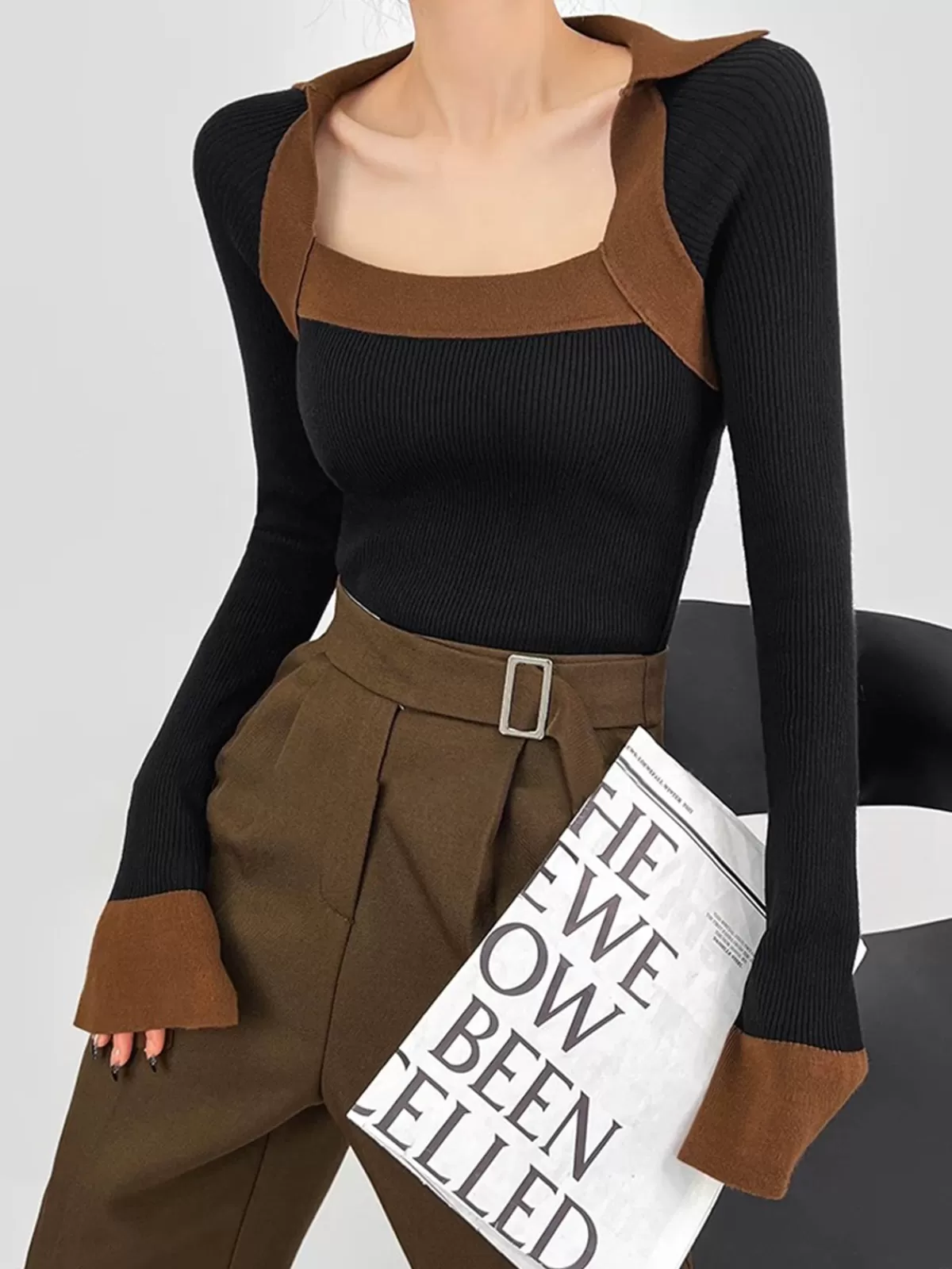COMMENSE Ribbed Color Block Skinny Sweater Black Sale
