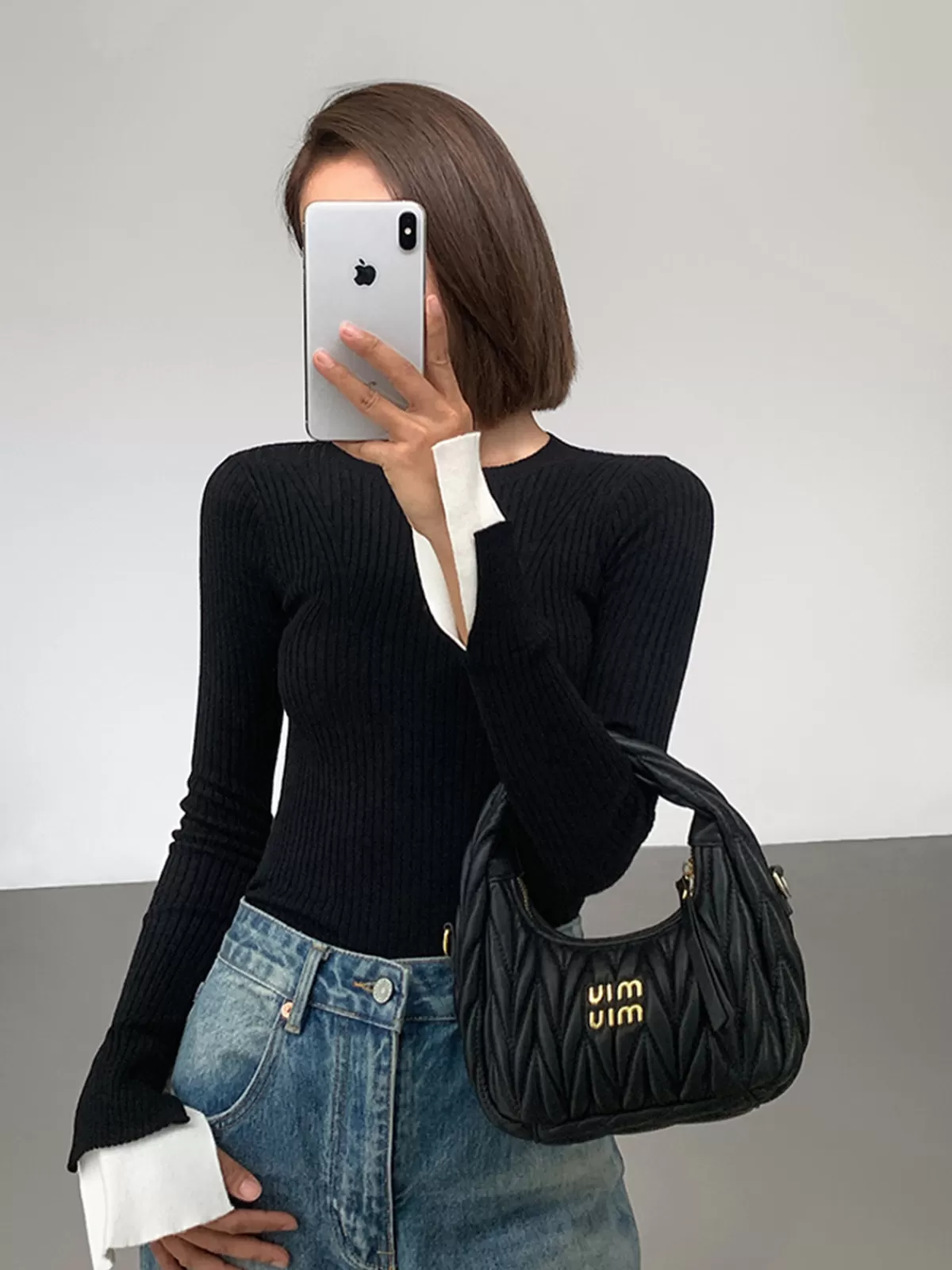 COMMENSE Ribbed Contrast Cuff Sweater Black Cheap