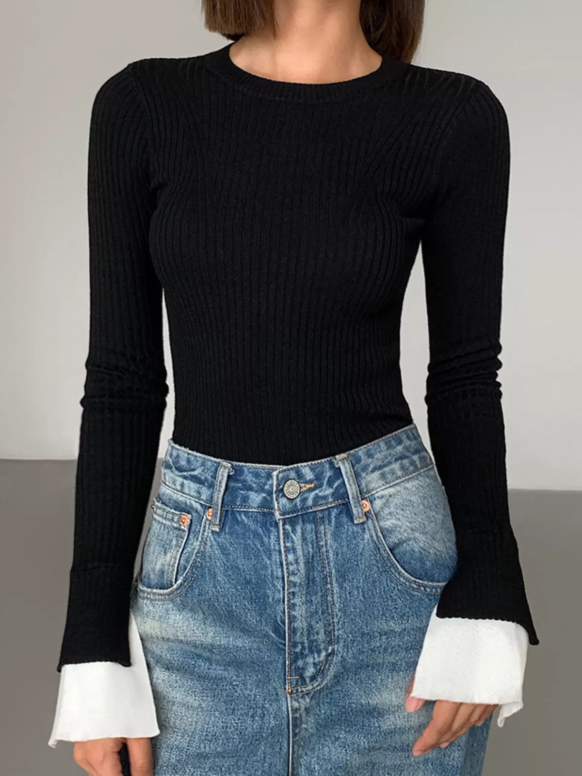COMMENSE Ribbed Contrast Cuff Sweater Black Cheap