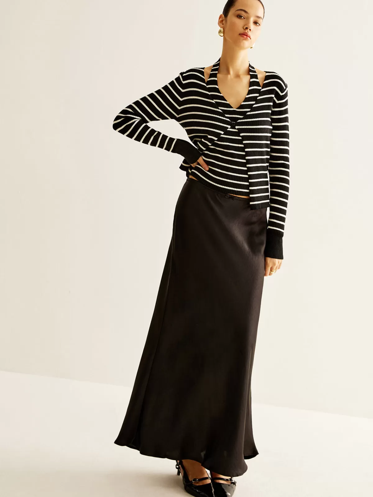 COMMENSE Ribbed Contrast Striped Sweater Co-ords BlackandWhite Clearance