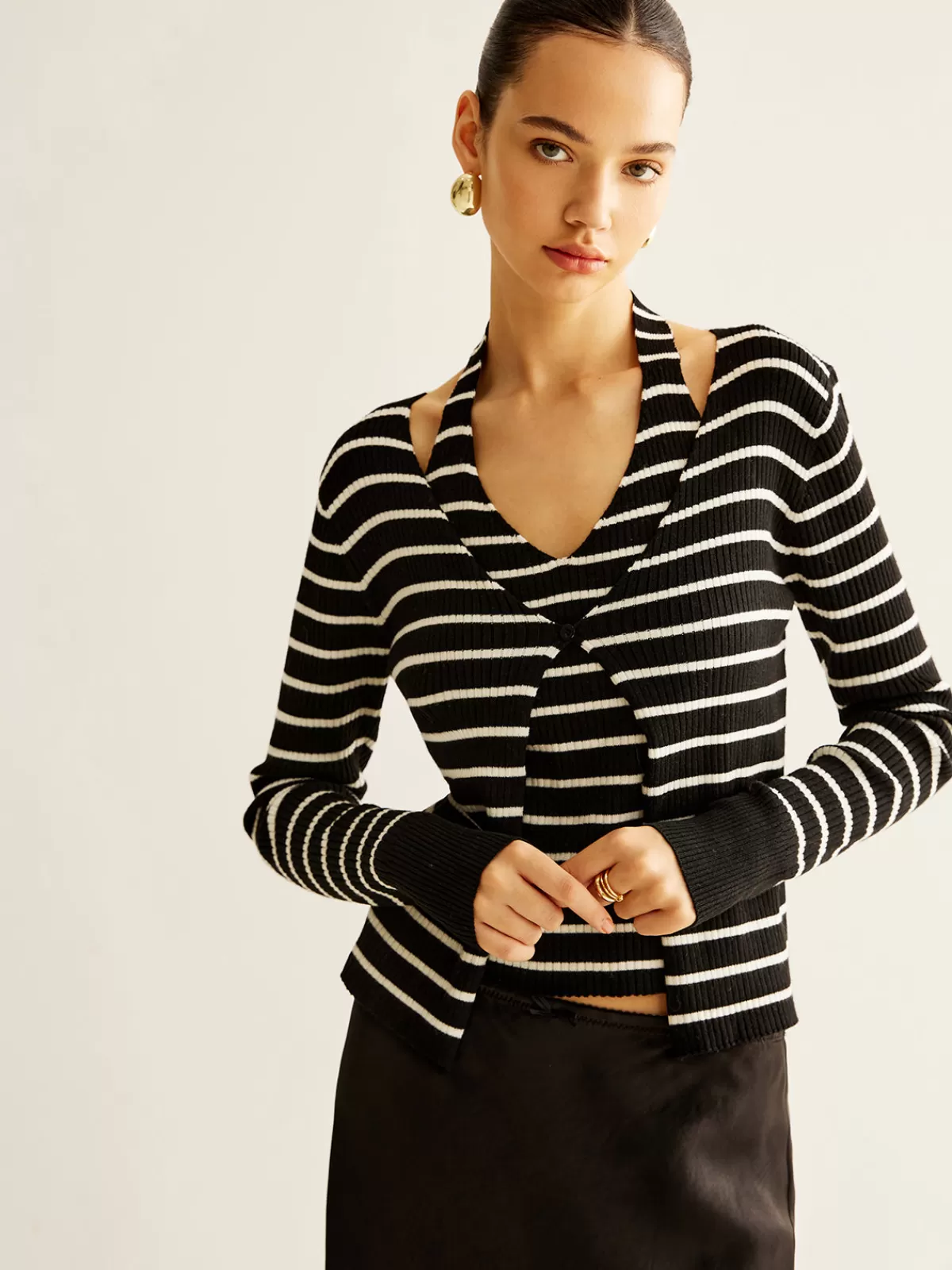 COMMENSE Ribbed Contrast Striped Sweater Co-ords BlackandWhite Clearance