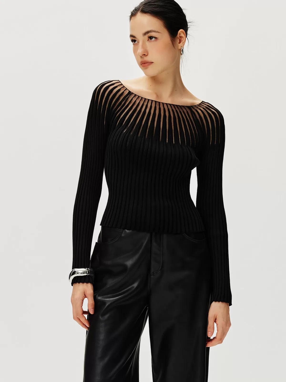 COMMENSE Ribbed Hollow Sweater Black Store