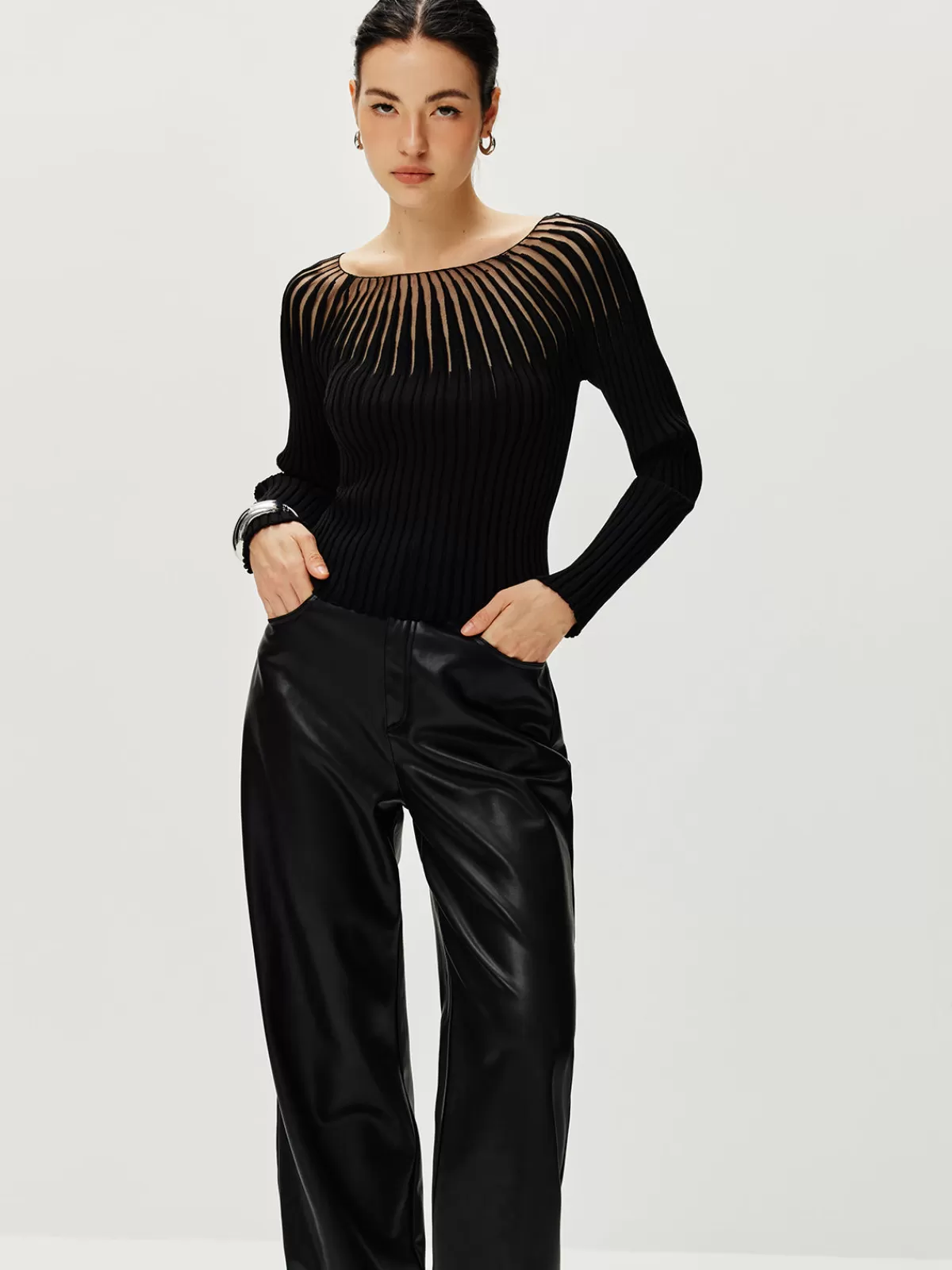 COMMENSE Ribbed Hollow Sweater Black Store