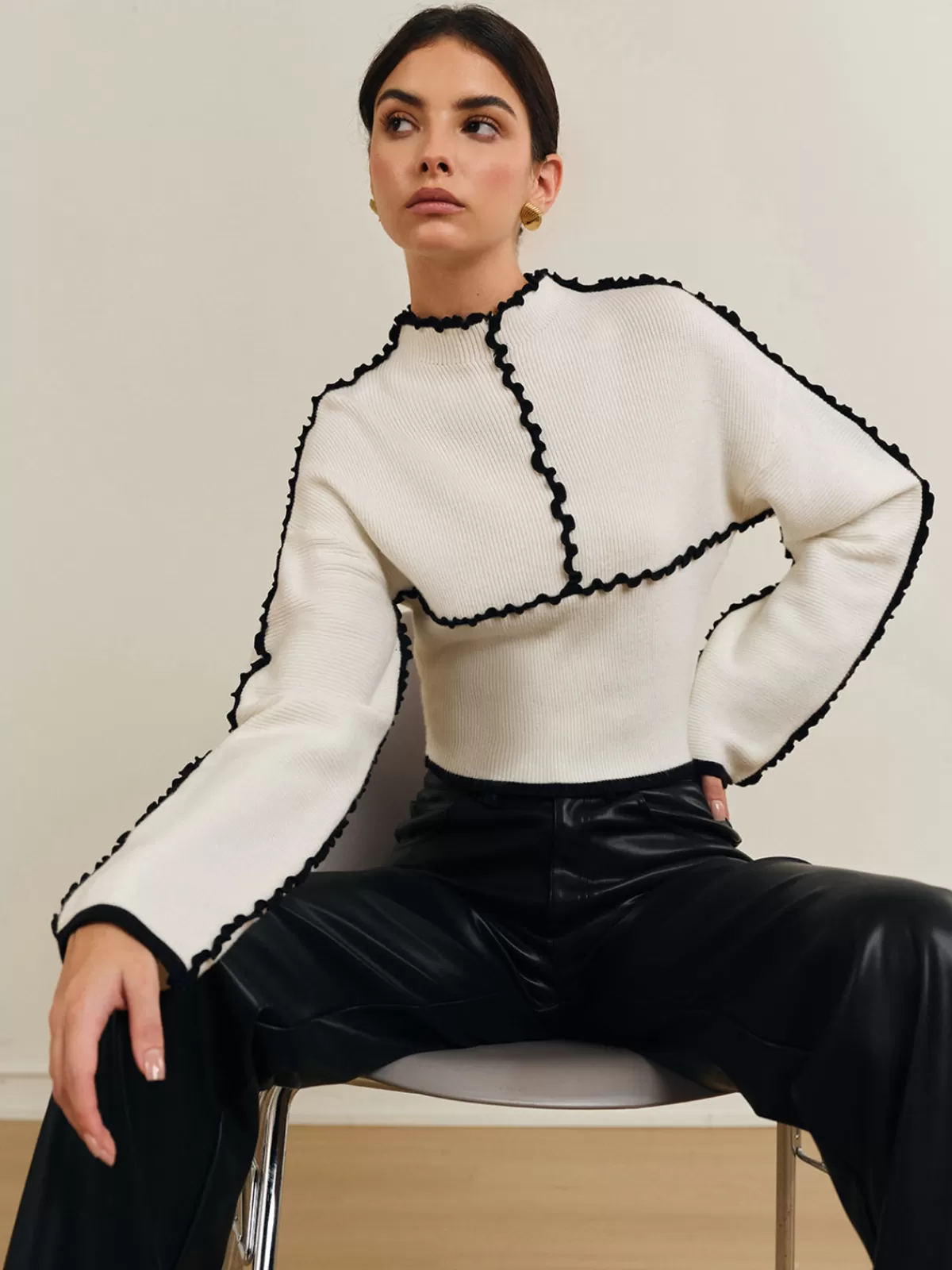 COMMENSE Ribbed Lettuce Trim Knit Top White Sale