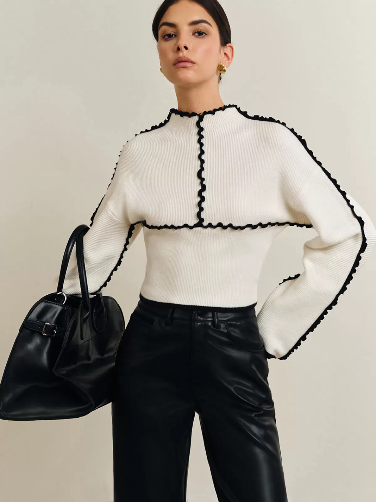 COMMENSE Ribbed Lettuce Trim Knit Top White Sale