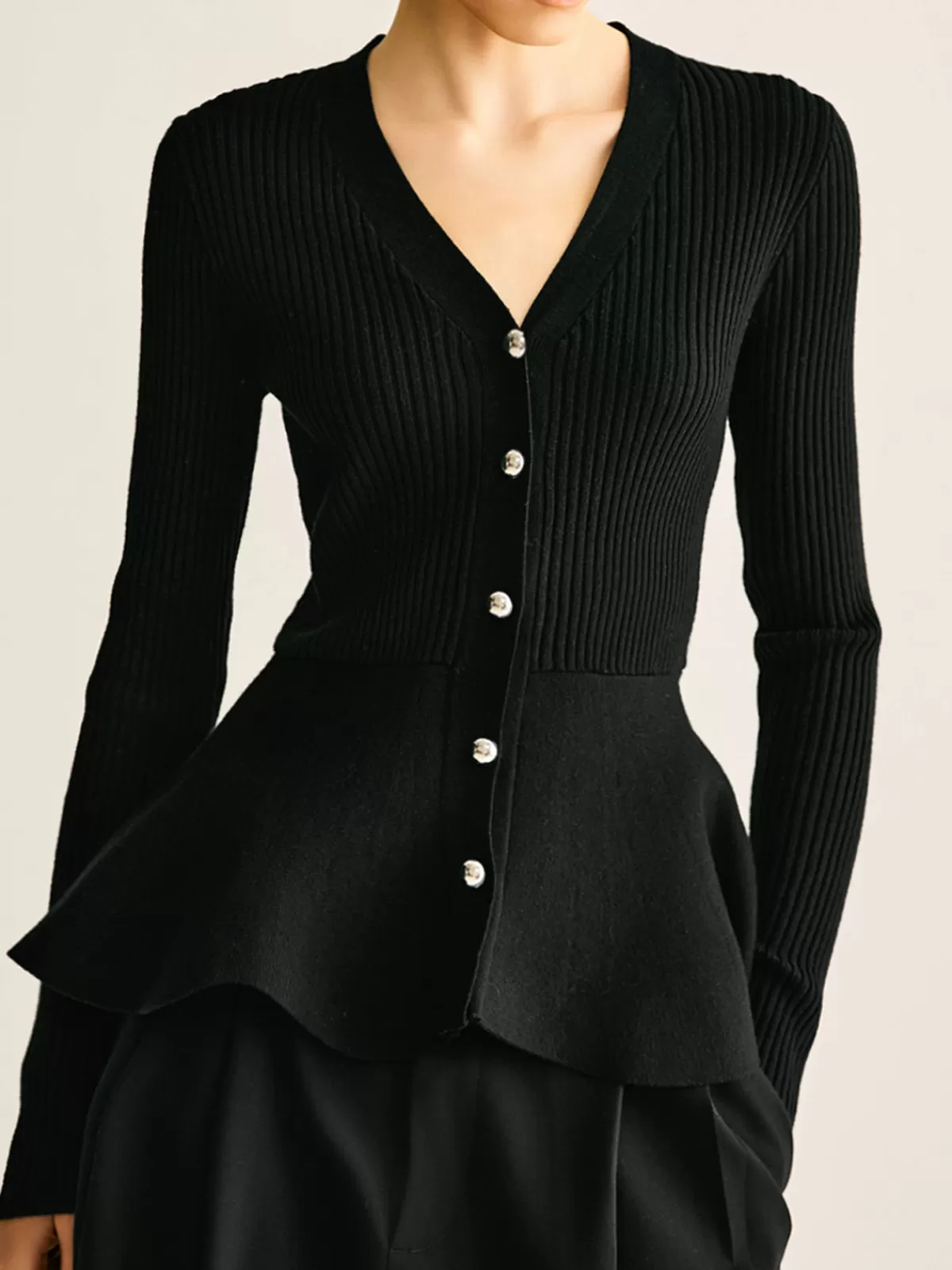 COMMENSE Ribbed Panel Bud Waist Button Knit Top Black Cheap