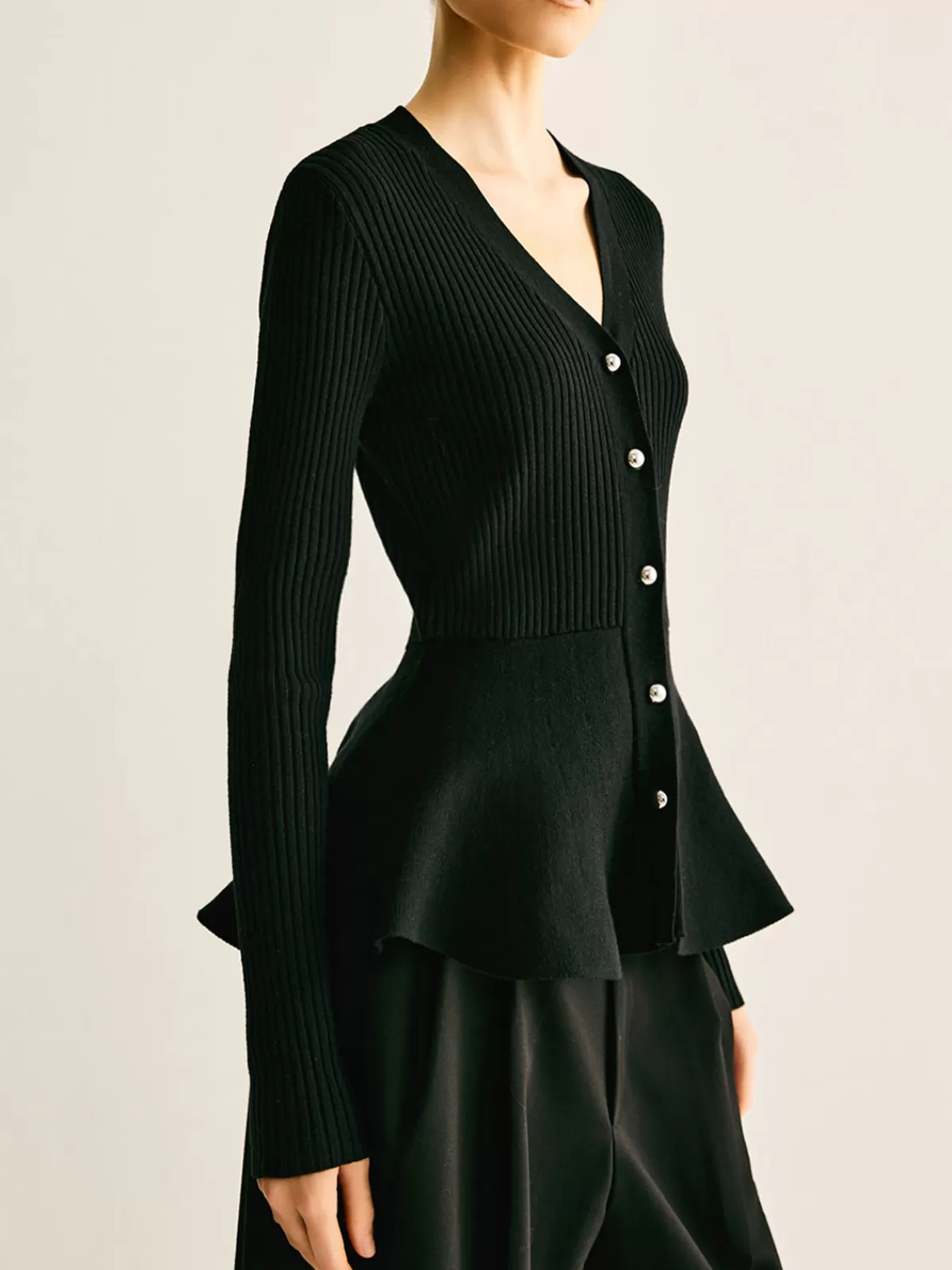 COMMENSE Ribbed Panel Bud Waist Button Knit Top Black Cheap