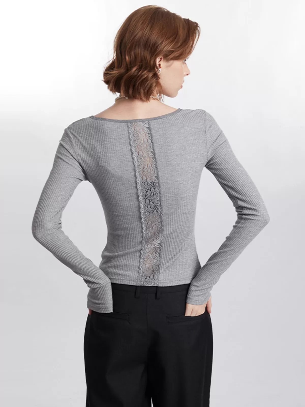 COMMENSE Ribbed Panel Lace Slim Blouse LightGrey Hot