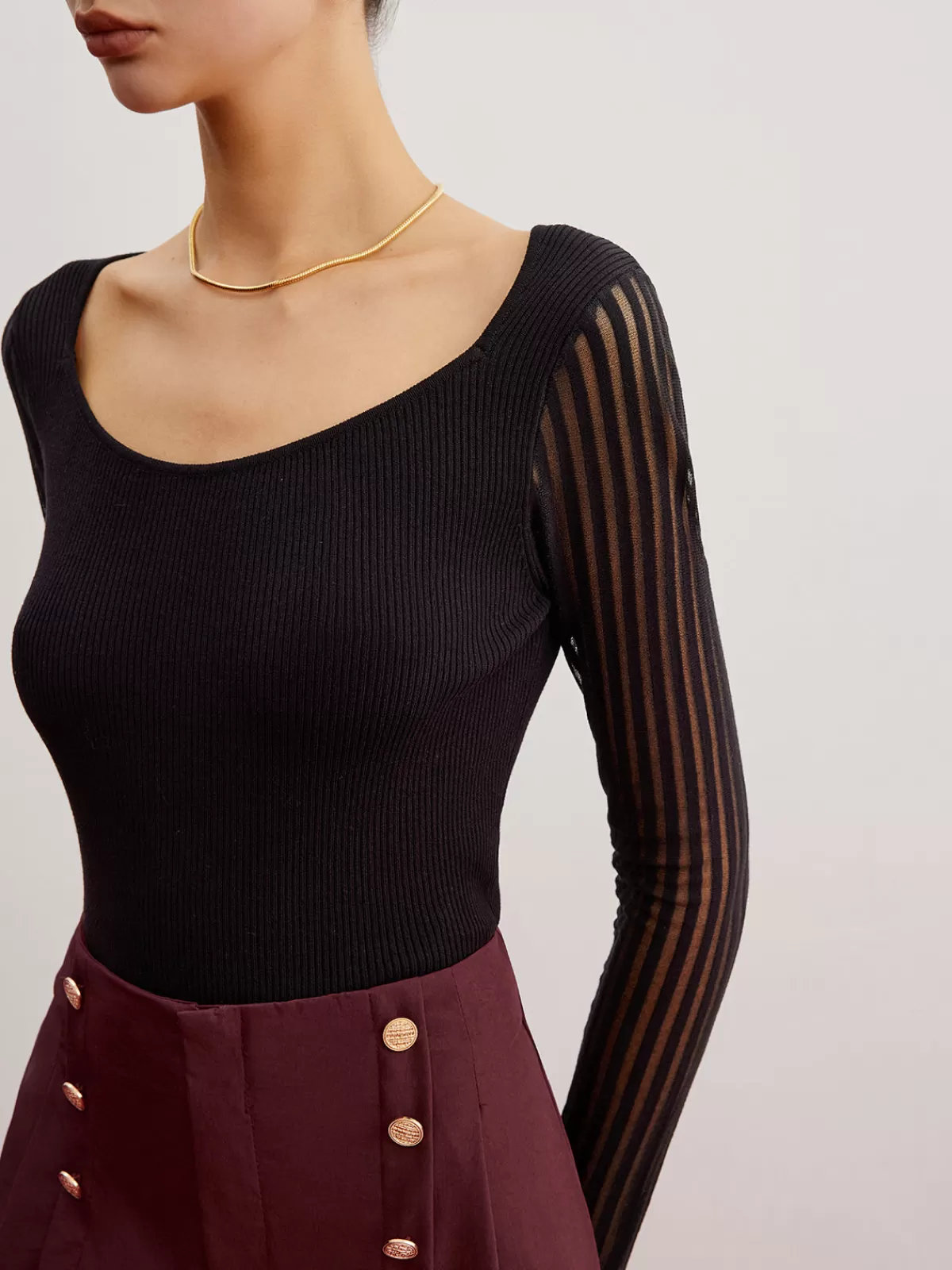 COMMENSE Ribbed Sheer Sleeve Sweater Black Clearance