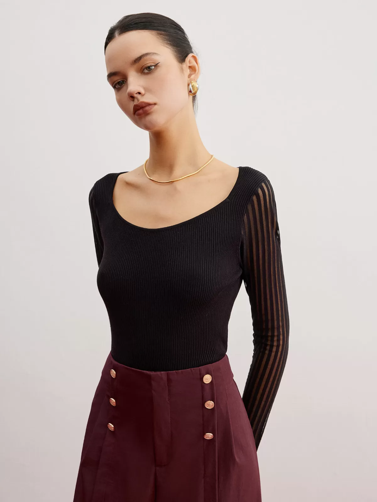 COMMENSE Ribbed Sheer Sleeve Sweater Black Clearance