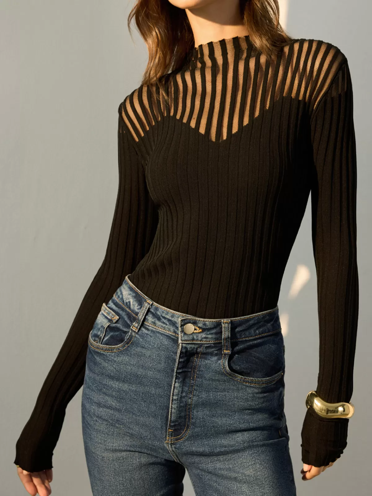 COMMENSE Ribbed Sheer-Shoulder Knit Top Black Fashion