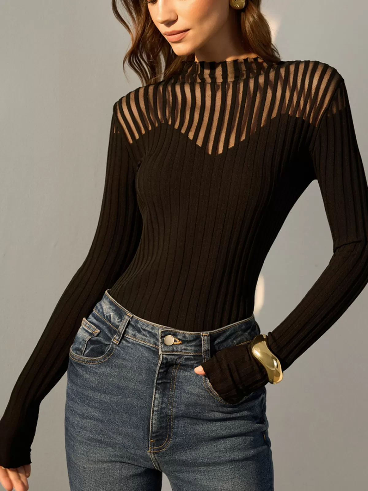 COMMENSE Ribbed Sheer-Shoulder Knit Top Black Fashion