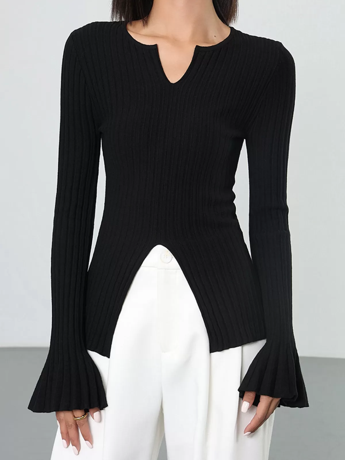 COMMENSE Ribbed Split Ruffle Knit Top Black Best Sale