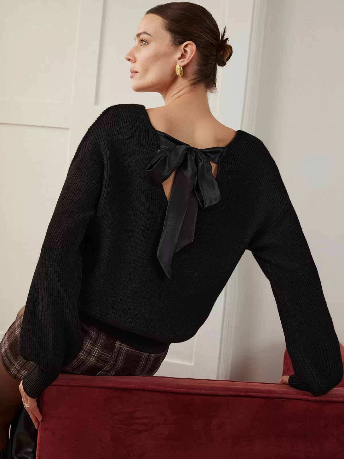 COMMENSE Ribbed V-Neck Bow Sweater Black Fashion