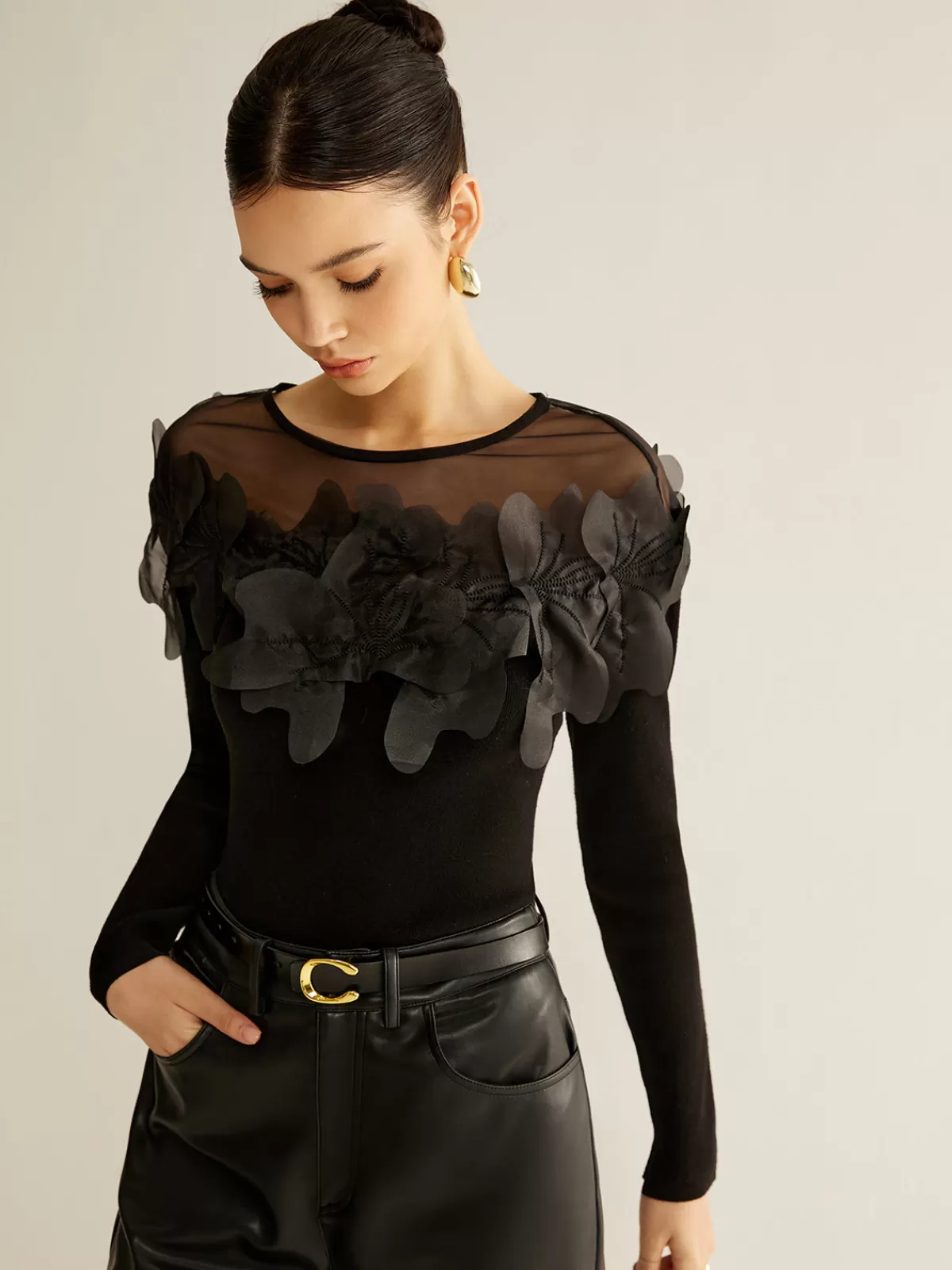 COMMENSE Romance Floral Decor Slim Blouse Black Fashion