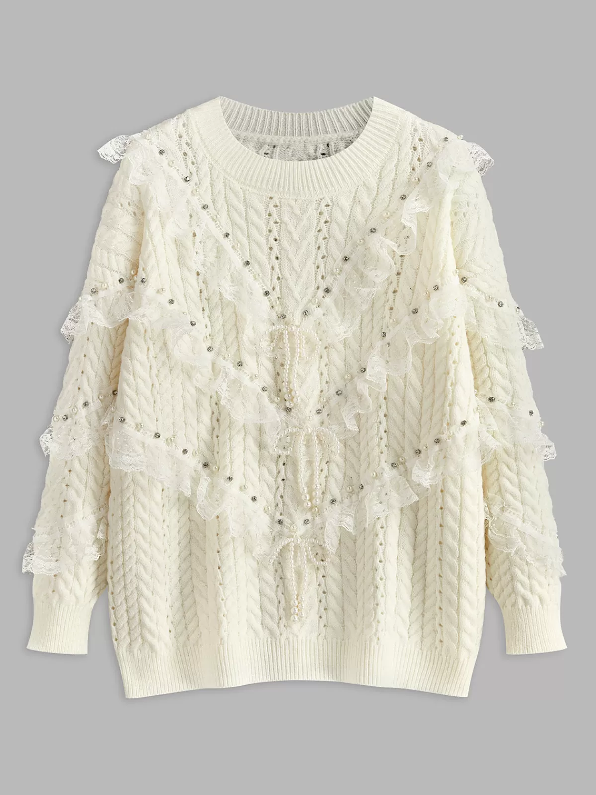 COMMENSE Romance Lace Trim Beaded Sweater White Best Sale