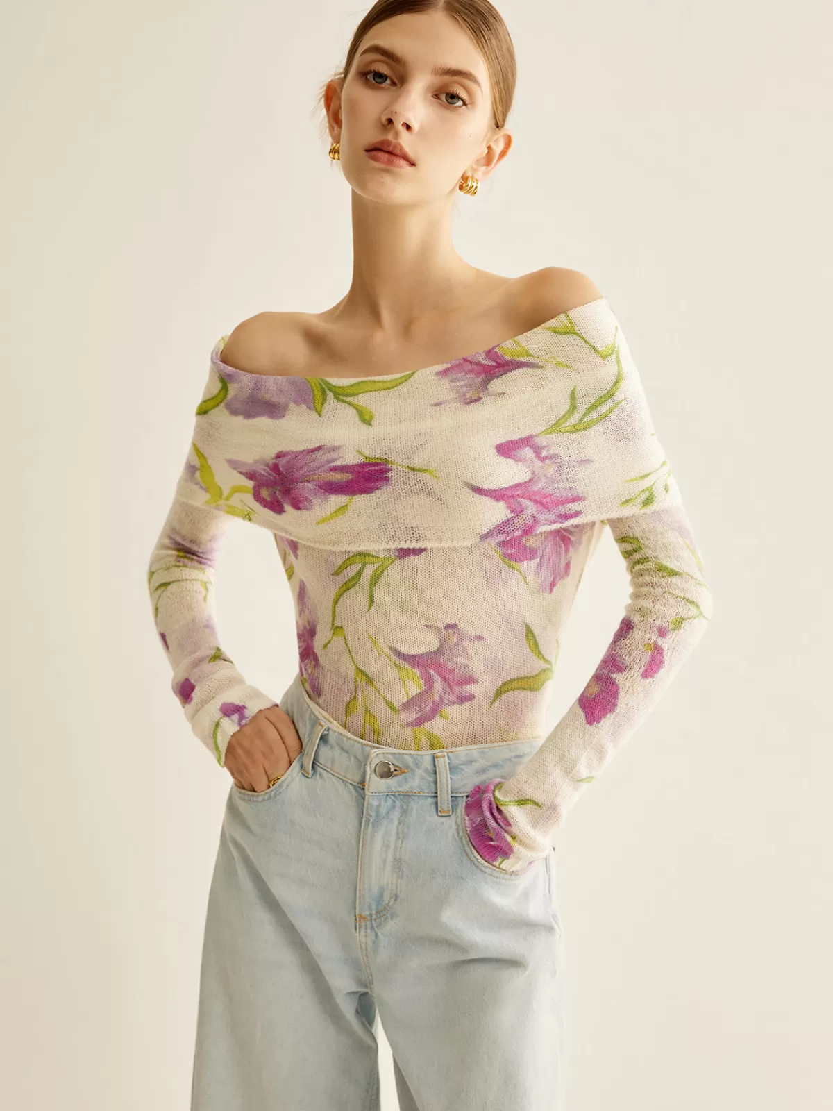 COMMENSE Romance Off-Shoulder Printed Knit Top Purple Store
