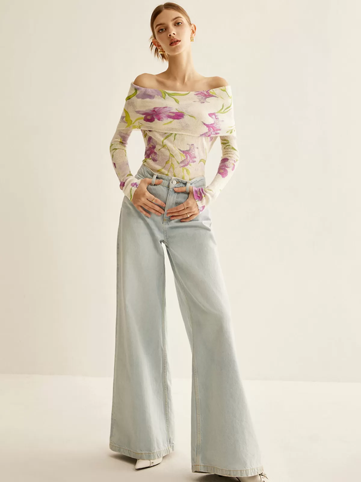 COMMENSE Romance Off-Shoulder Printed Knit Top Purple Store