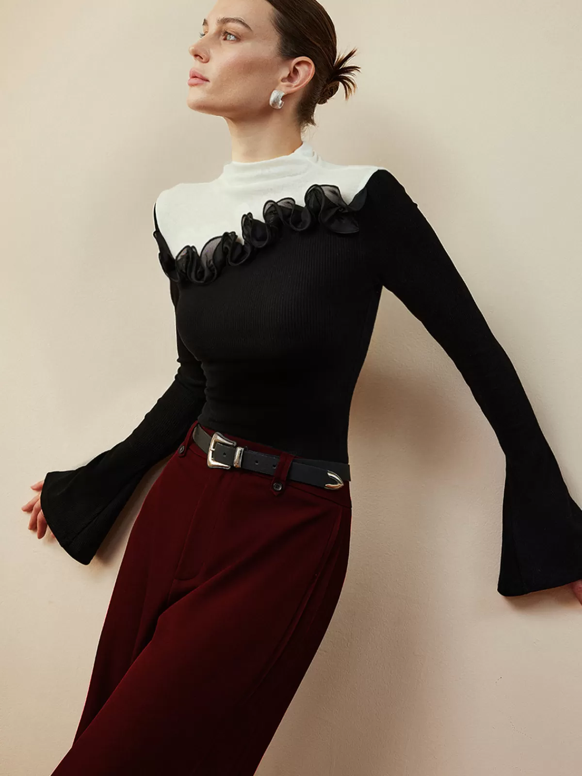 COMMENSE Romance Stand Collar Ruffle Blouse Black Fashion
