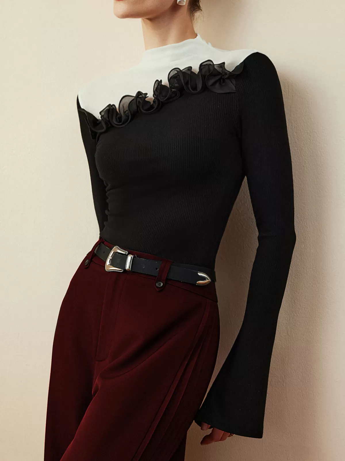 COMMENSE Romance Stand Collar Ruffle Blouse Black Fashion
