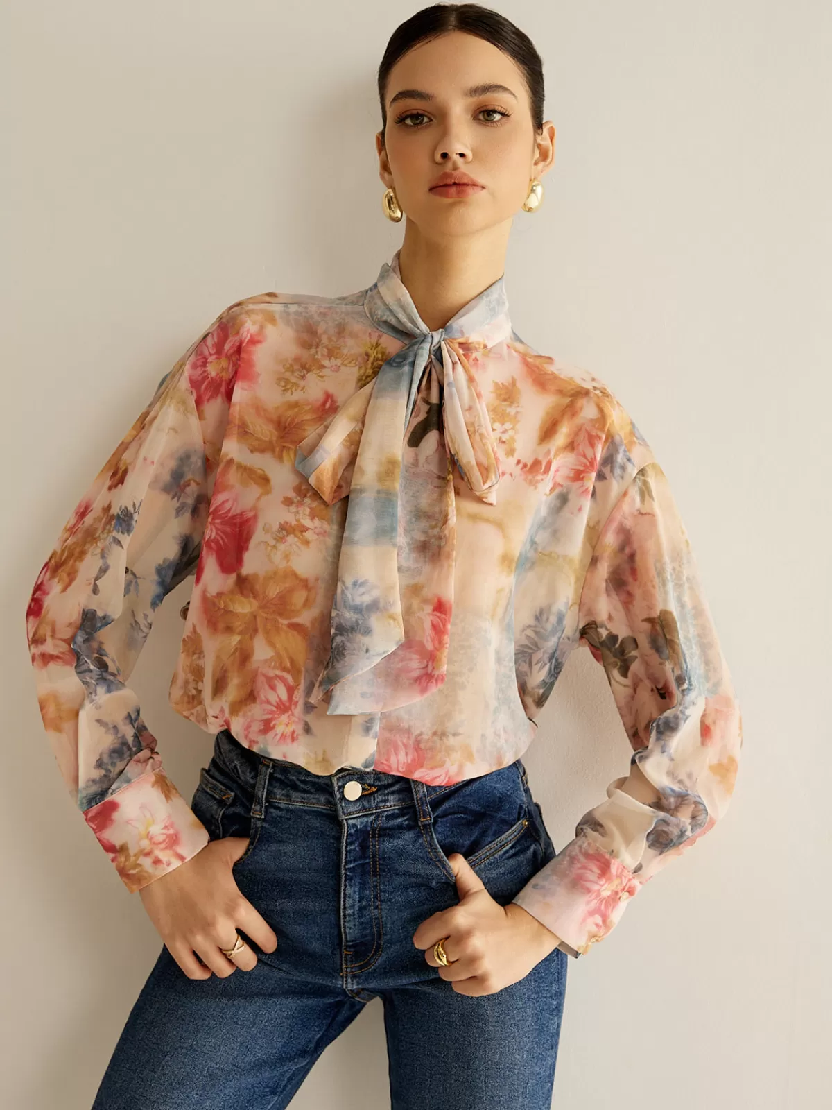 COMMENSE Romance Tie Neck Thin Shirt Multicolor Clearance