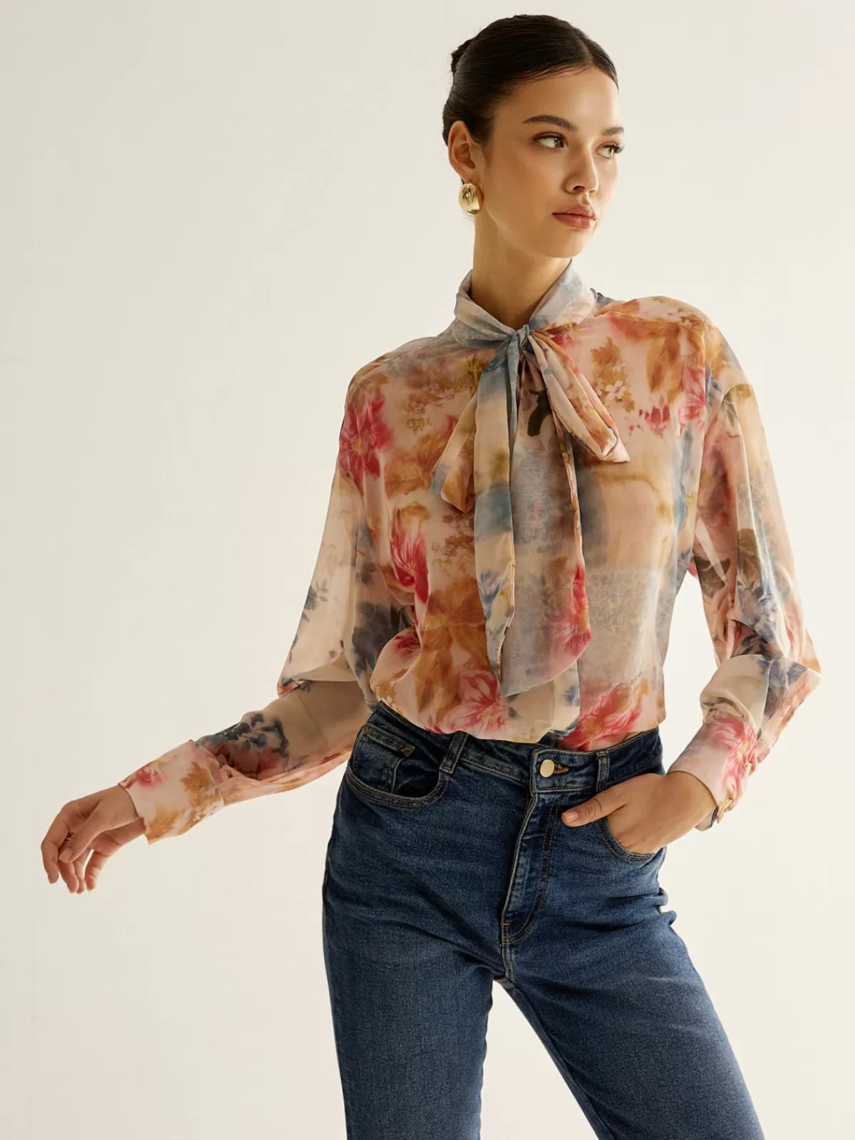 COMMENSE Romance Tie Neck Thin Shirt Multicolor Clearance