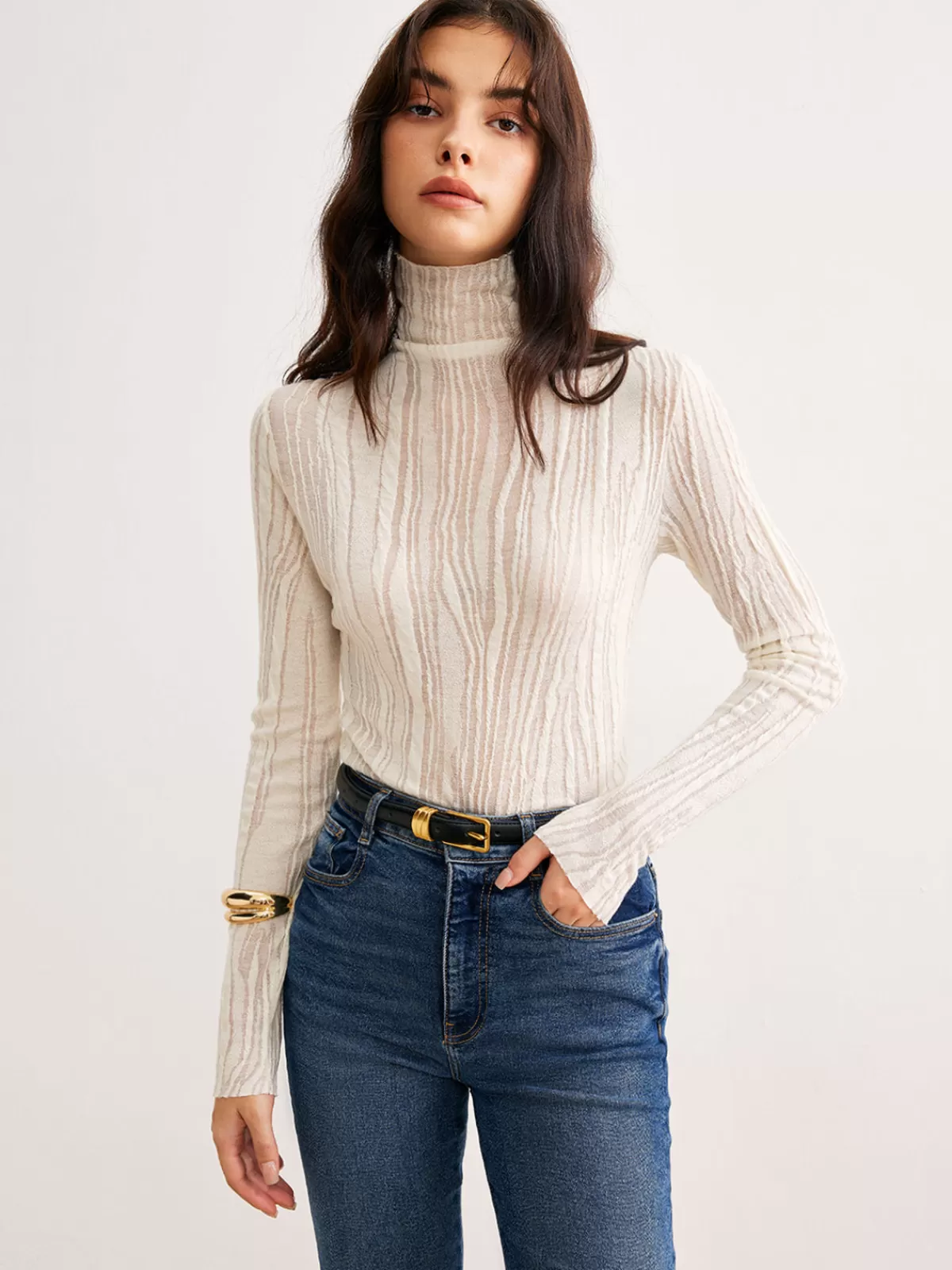 COMMENSE Romance Turtleneck Slim Blouse Apricot Flash Sale