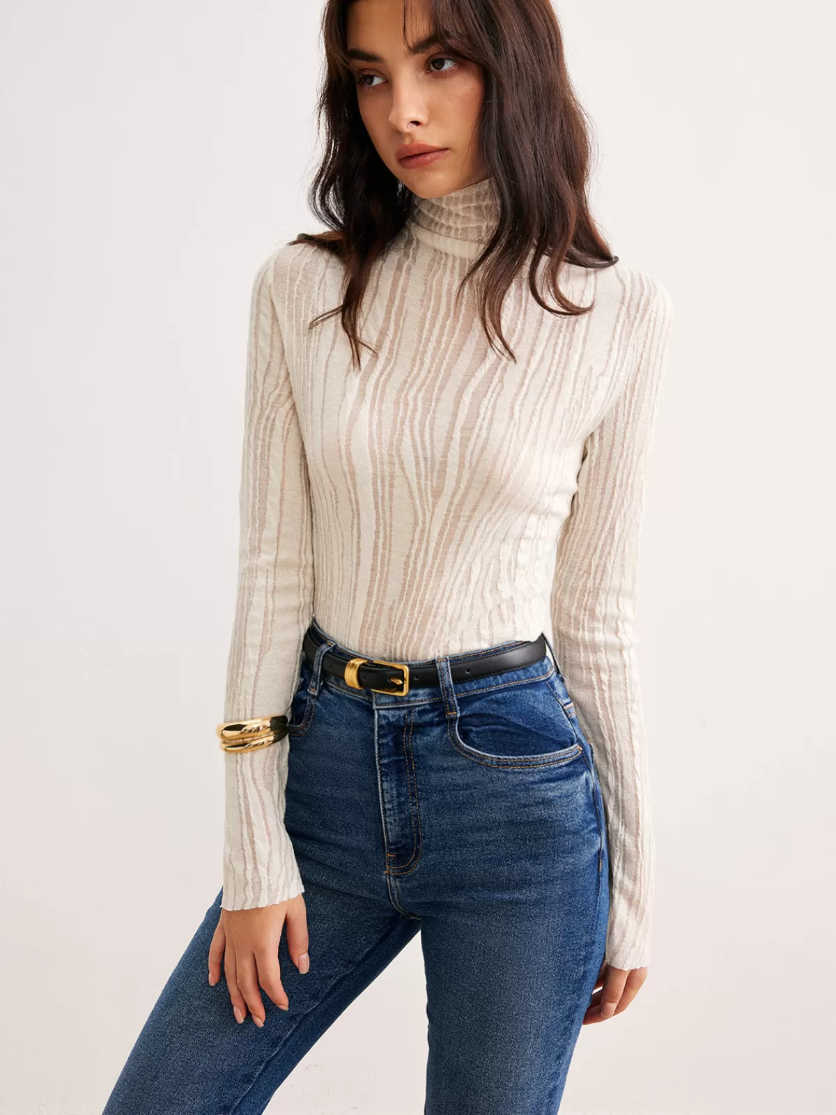 COMMENSE Romance Turtleneck Slim Blouse Apricot Flash Sale