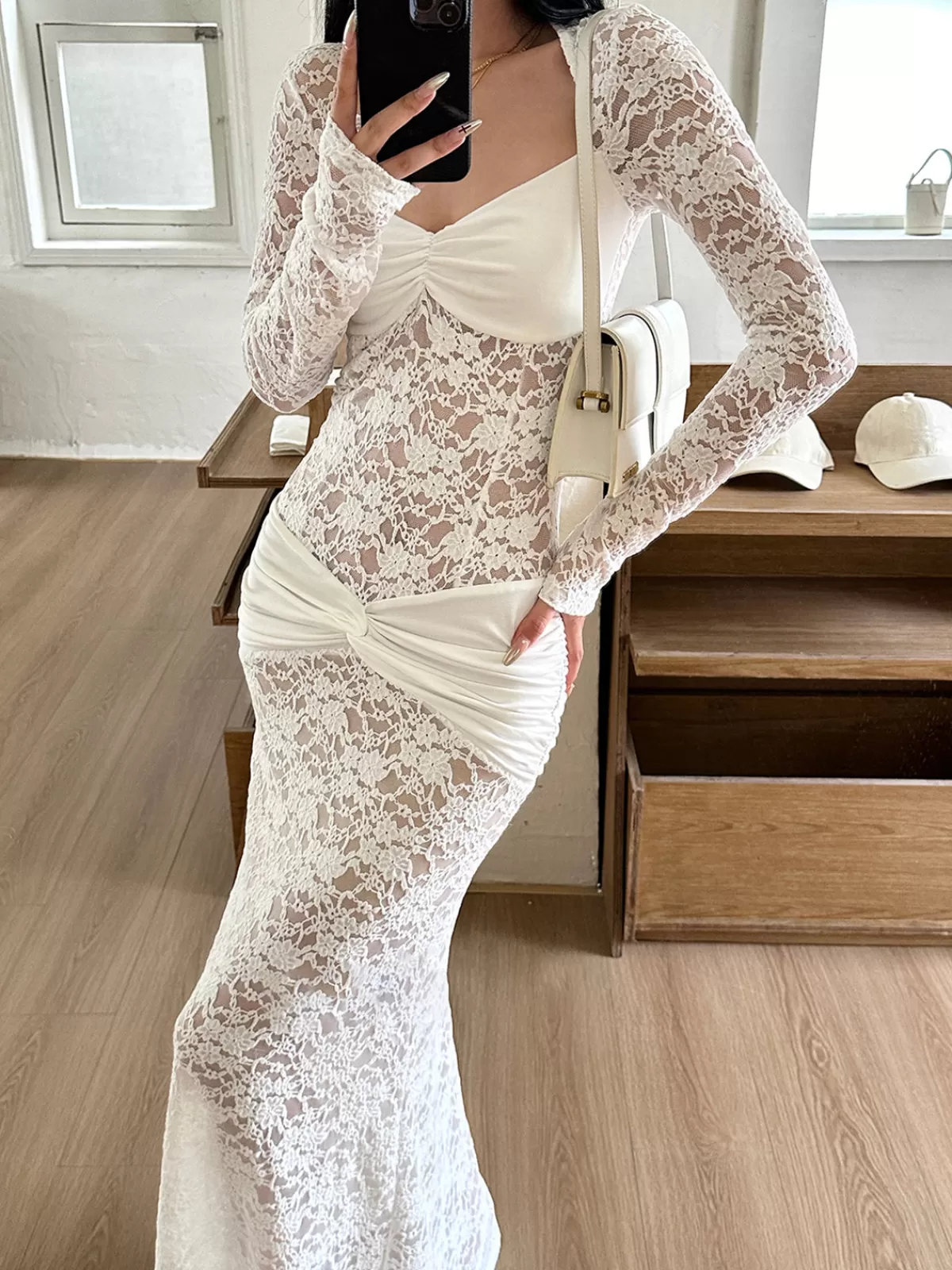 COMMENSE Ruched Lace Panel Long Dress White Store
