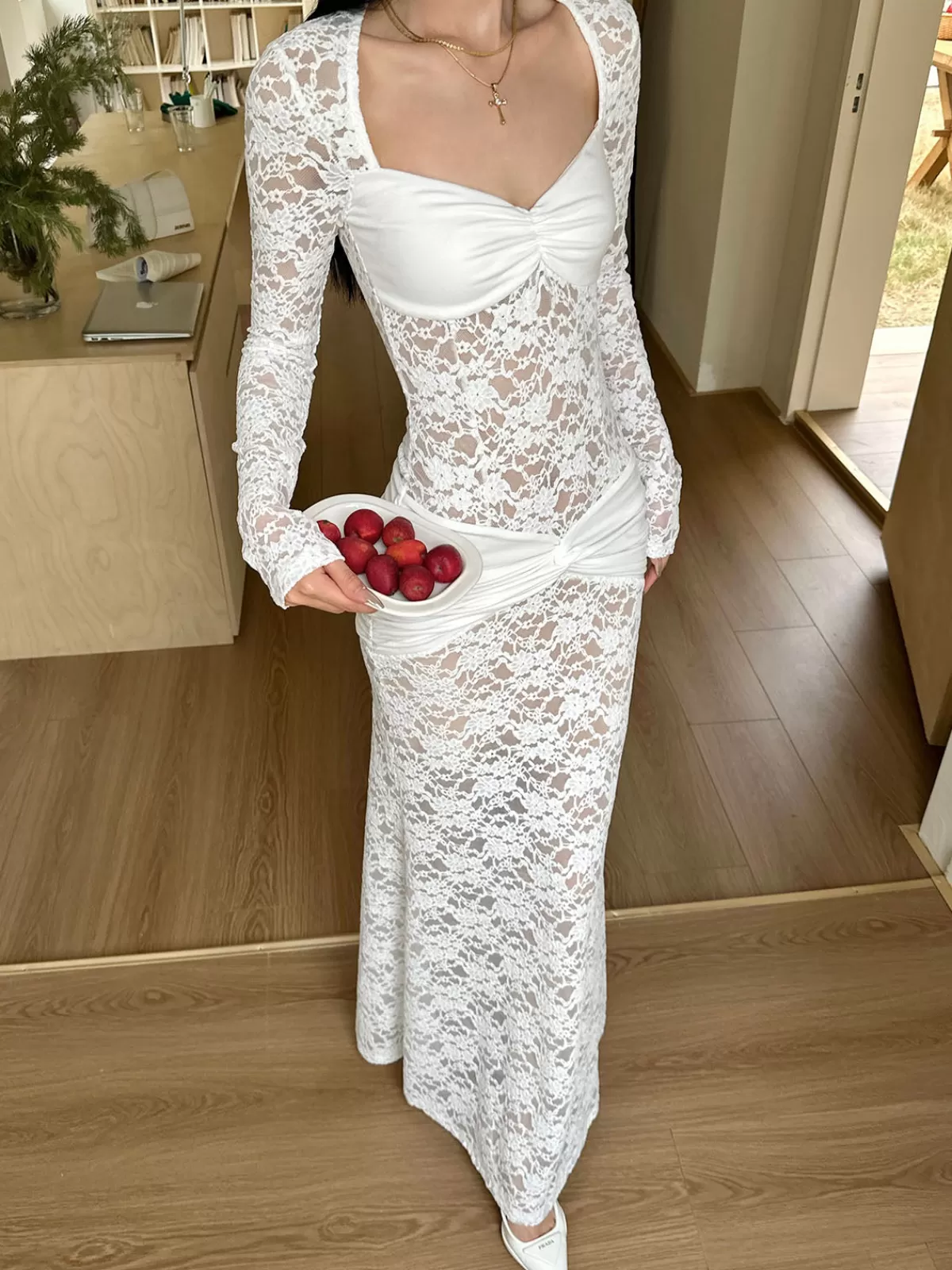 COMMENSE Ruched Lace Panel Long Dress White Store