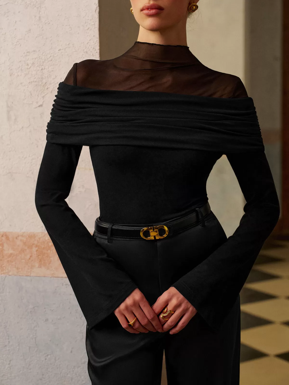COMMENSE Ruched Mesh Panel Jersey Top Black Clearance
