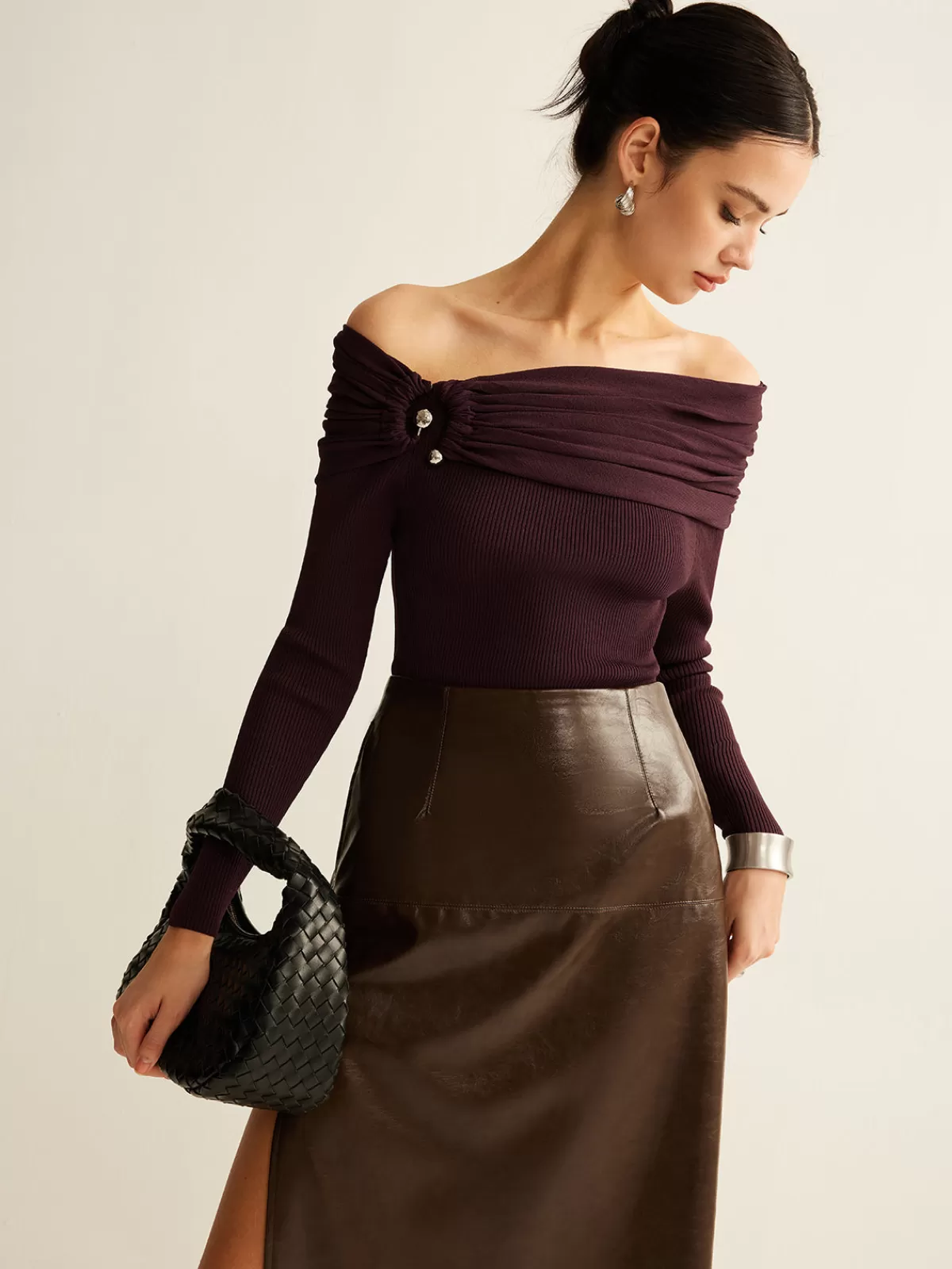COMMENSE Ruched Slim Knit Top DarkBrown Store