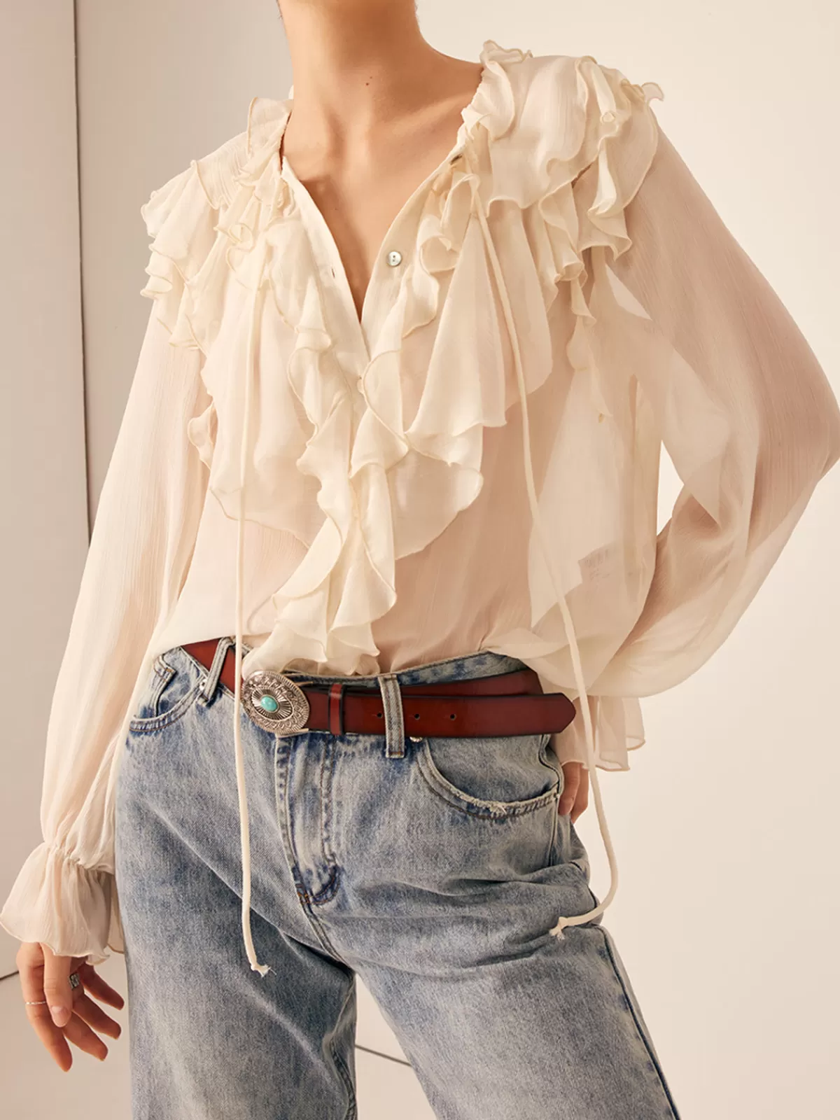 COMMENSE Ruffle Chiffon Breasted Thin Shirt Apricot Clearance