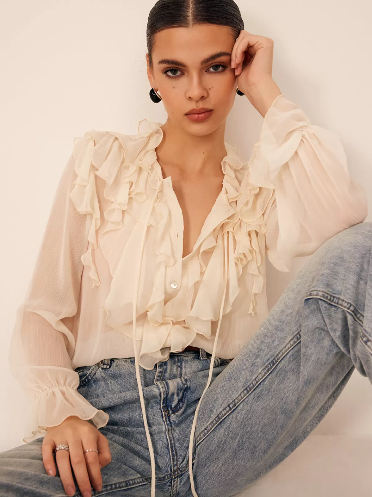 COMMENSE Ruffle Chiffon Breasted Thin Shirt Apricot Clearance