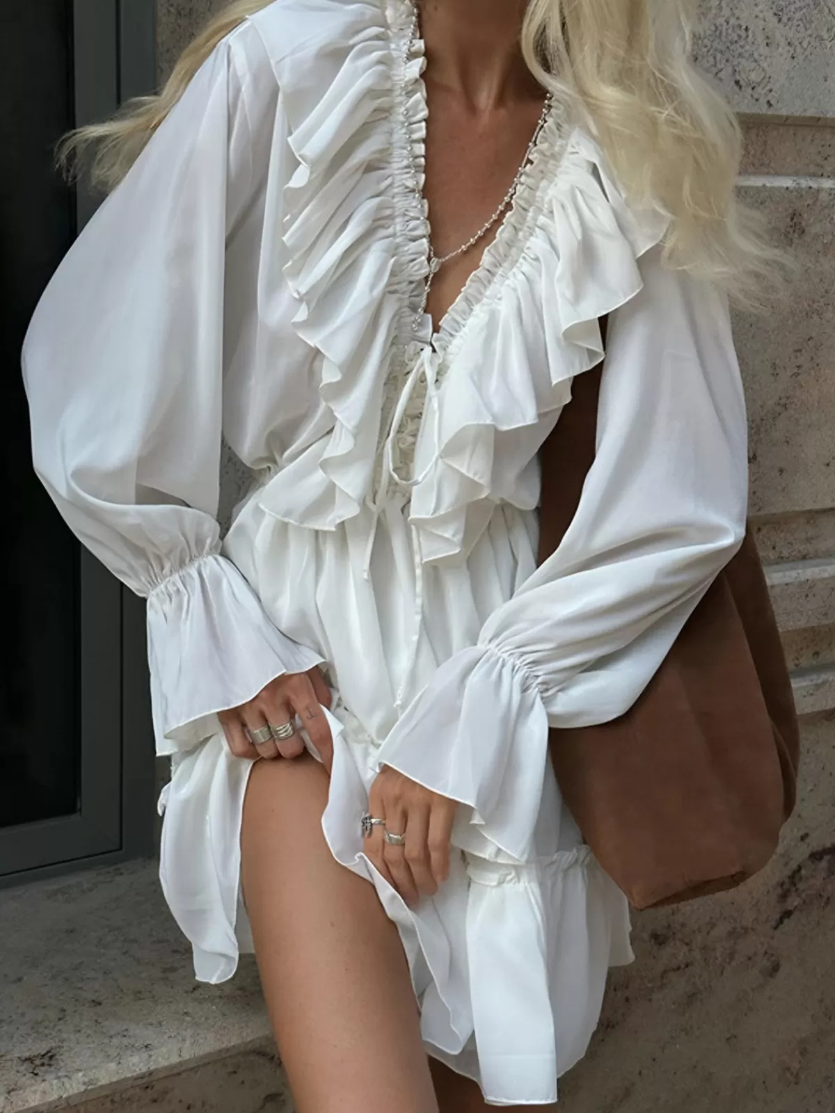 COMMENSE Ruffle Collar Short Dress White Cheap
