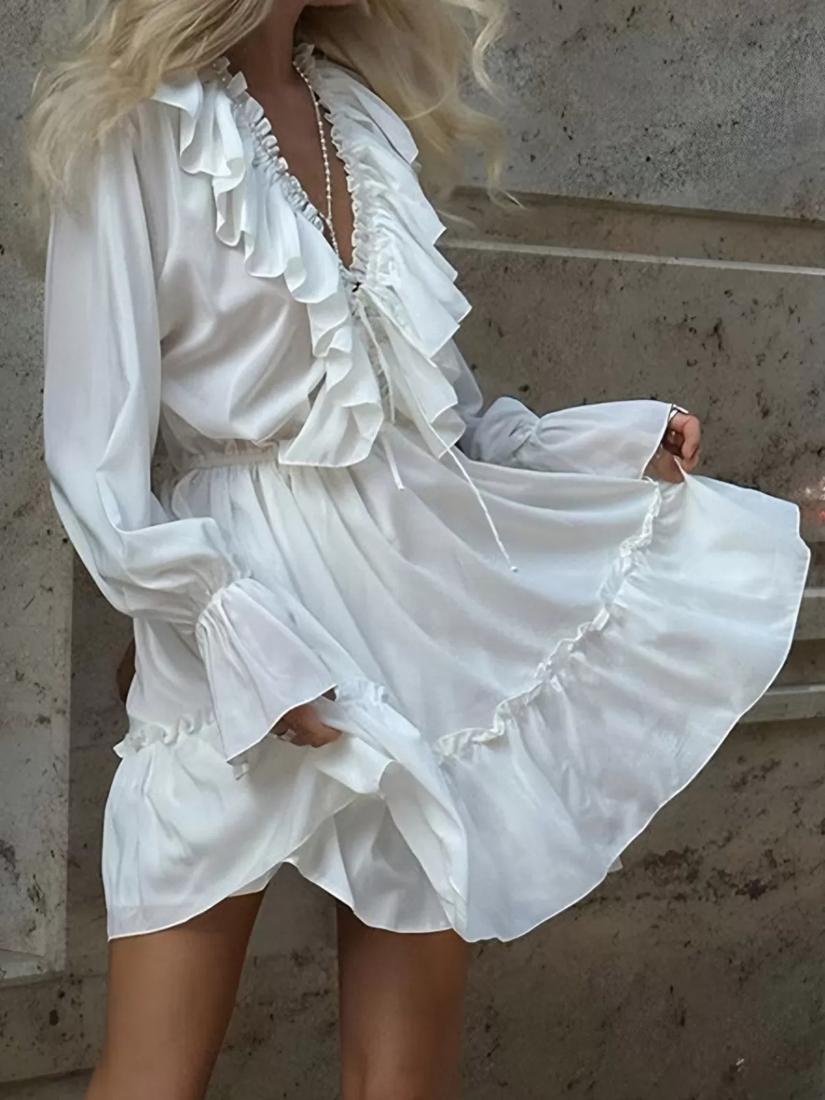 COMMENSE Ruffle Collar Short Dress White Cheap
