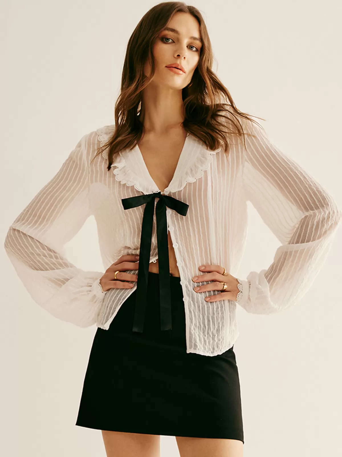 COMMENSE Ruffle Neck Pinstripe Semi-Sheer Shirt White Store