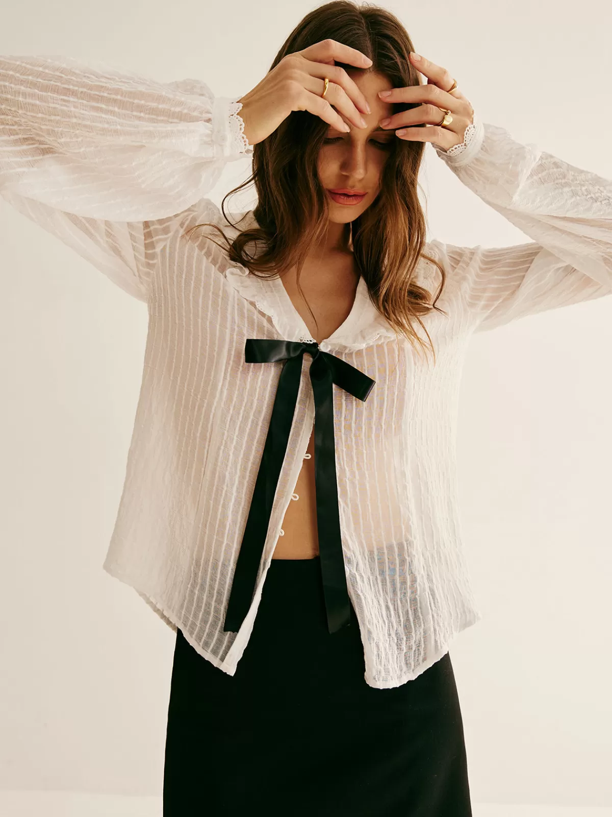 COMMENSE Ruffle Neck Pinstripe Semi-Sheer Shirt White Store